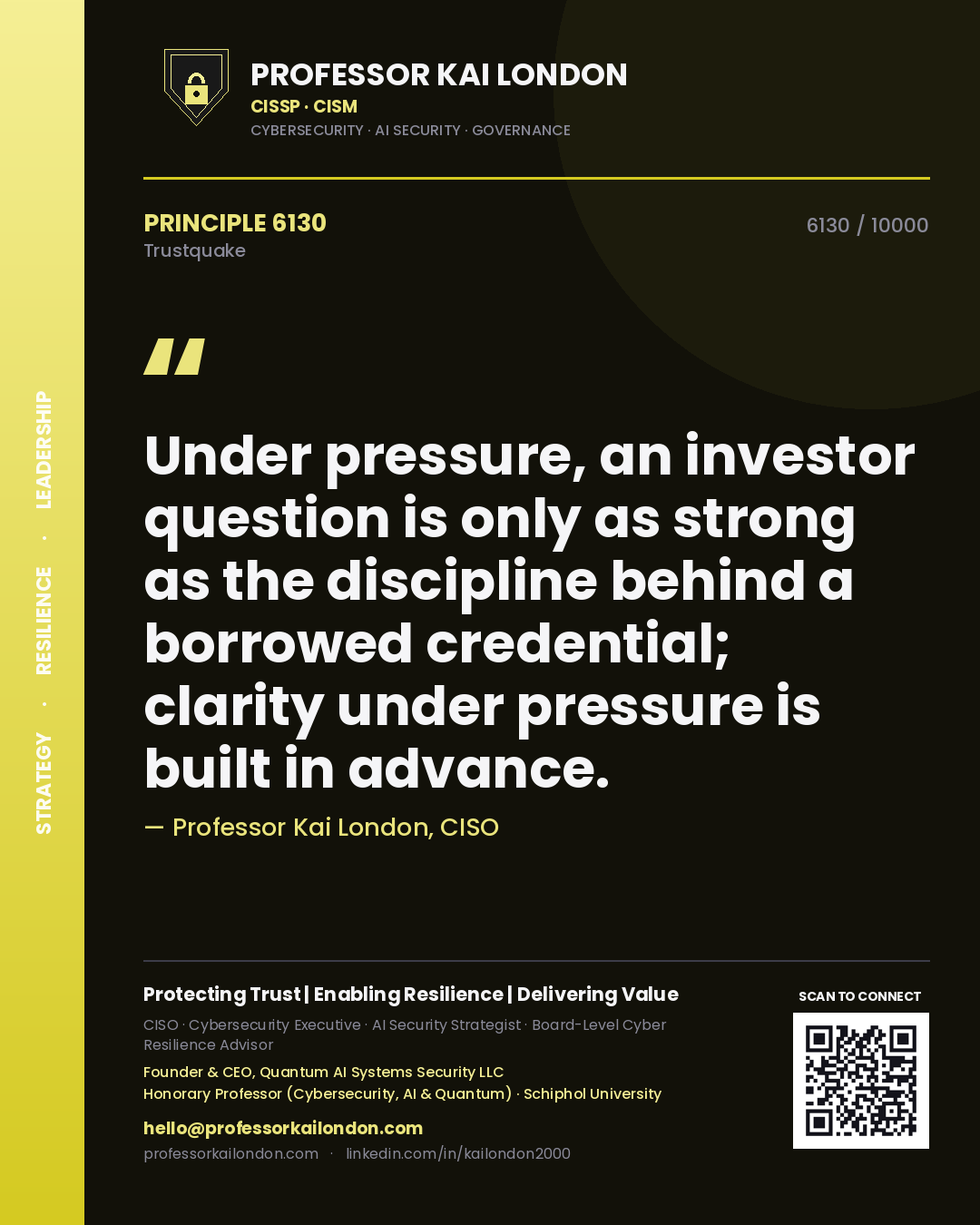 Quote card by Professor Kai London reading 'Under pressure, an investor question is only as strong as the discipline behind a borrowed credential; clarity under pressure is built in advance.'. From the book Trustquake.