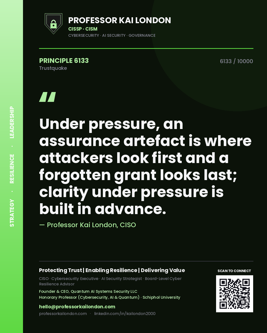 Quote card by Professor Kai London reading 'Under pressure, an assurance artefact is where attackers look first and a forgotten grant looks last; clarity under pressure is built in advance.'. From the book Trustquake.