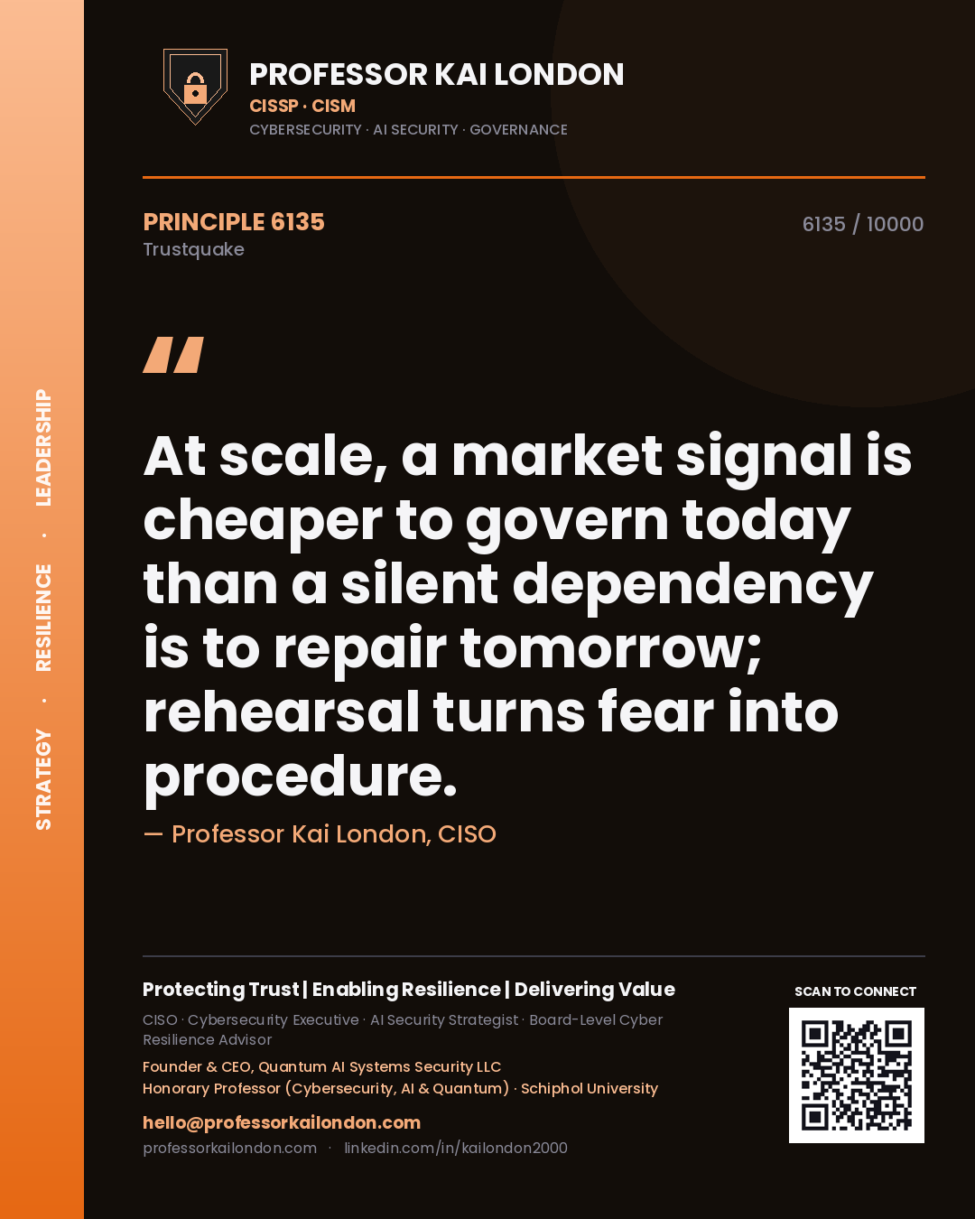 Professor Kai London principle 6135: At scale, a market signal is cheaper to govern today than a silent dependency is to repair tomorrow; rehearsal turns fear into procedure.