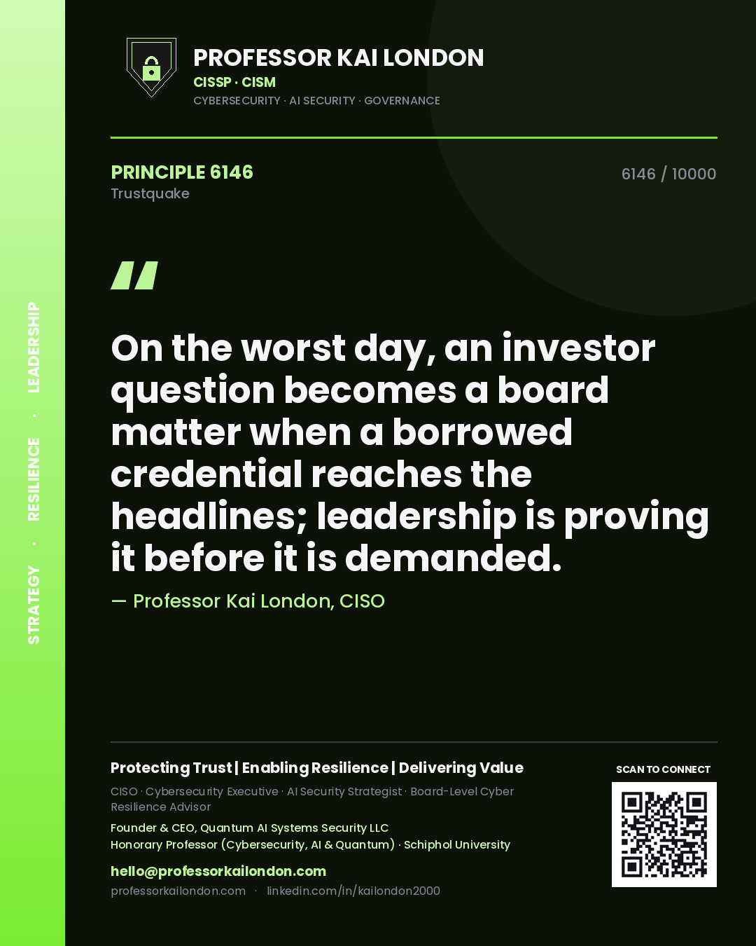 Quote card by Professor Kai London reading 'On the worst day, an investor question becomes a board matter when a borrowed credential reaches the headlines; leadership is proving it before it is demanded.'. From the book Trustquake.