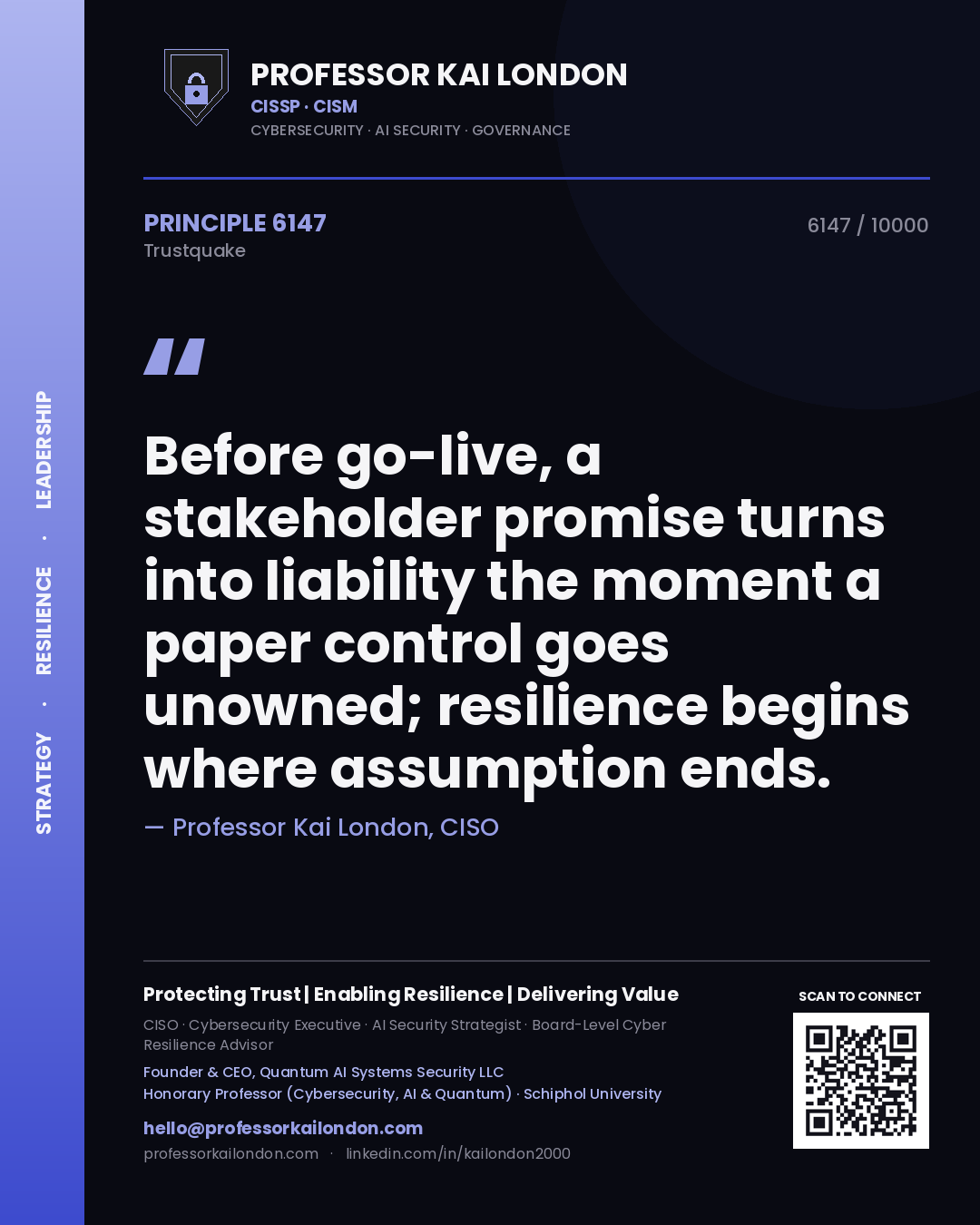 Quote card by Professor Kai London reading 'Before go-live, a stakeholder promise turns into liability the moment a paper control goes unowned; resilience begins where assumption ends.'. From the book Trustquake.