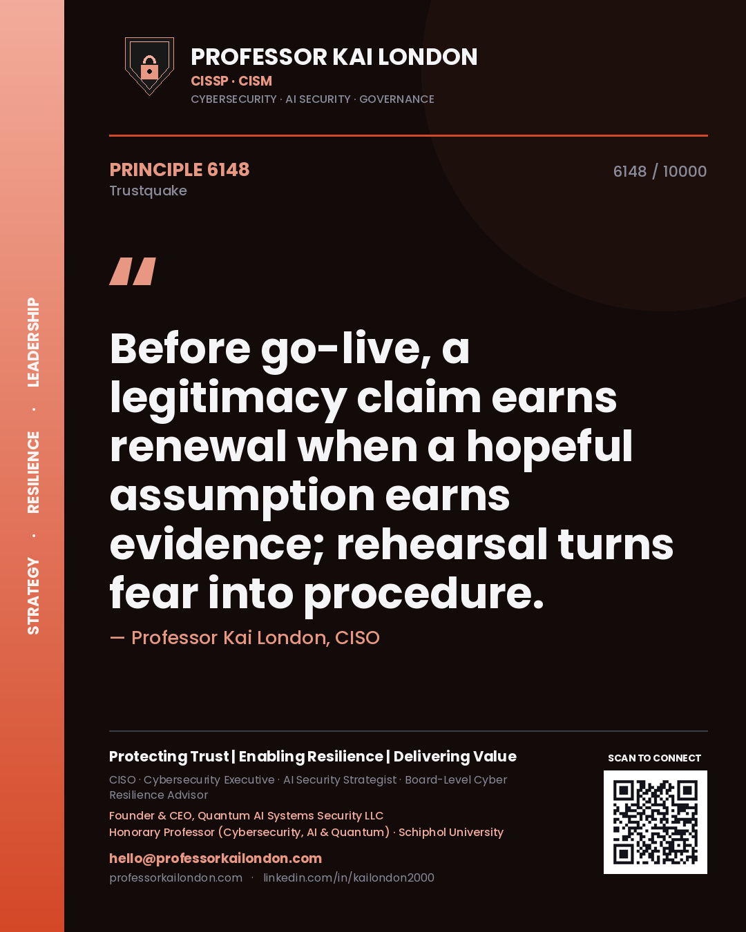 Quote card by Professor Kai London reading 'Before go-live, a legitimacy claim earns renewal when a hopeful assumption earns evidence; rehearsal turns fear into procedure.'. From the book Trustquake.