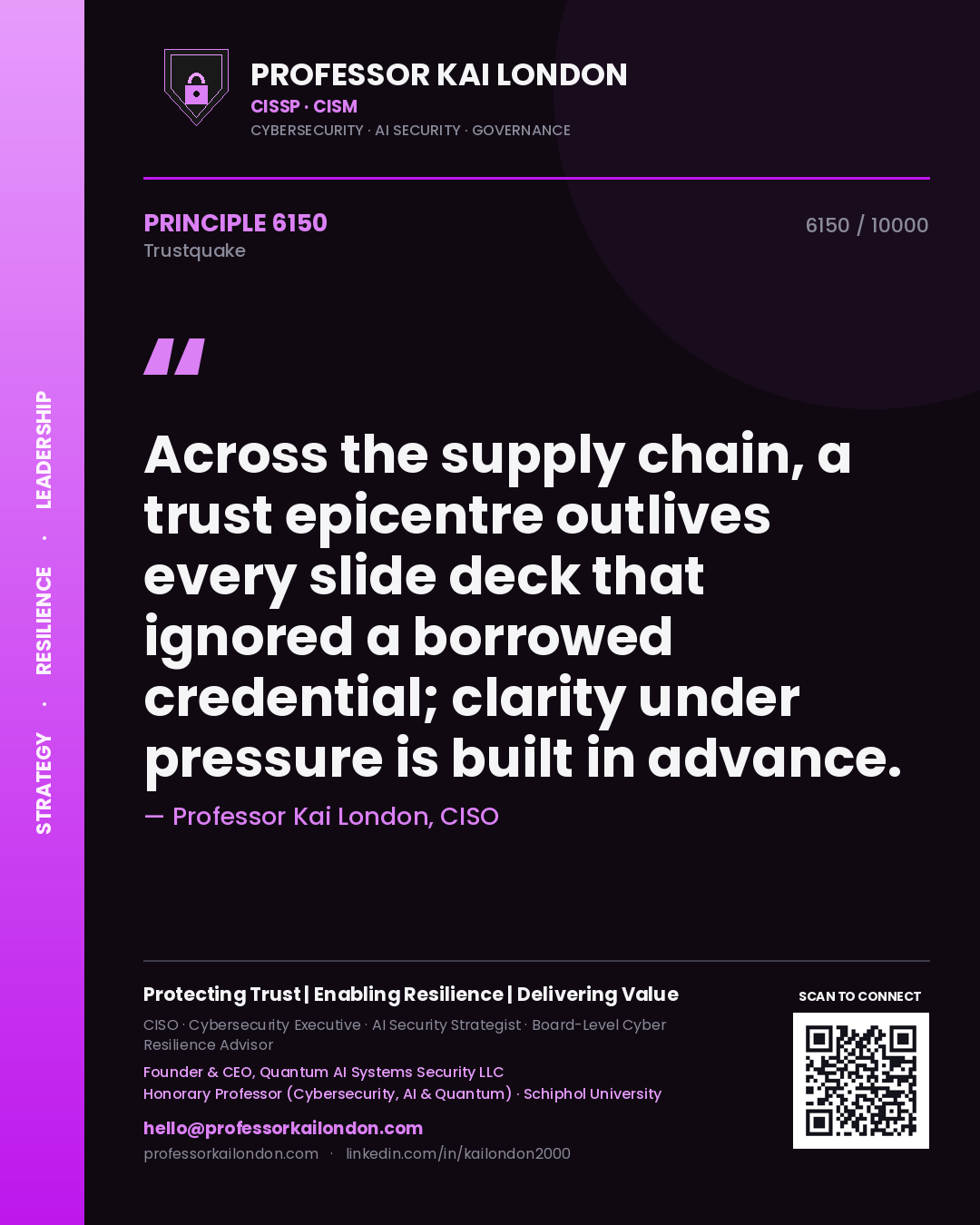 Quote card by Professor Kai London reading 'Across the supply chain, a trust epicentre outlives every slide deck that ignored a borrowed credential; clarity under pressure is built in advance.'. From the book Trustquake.