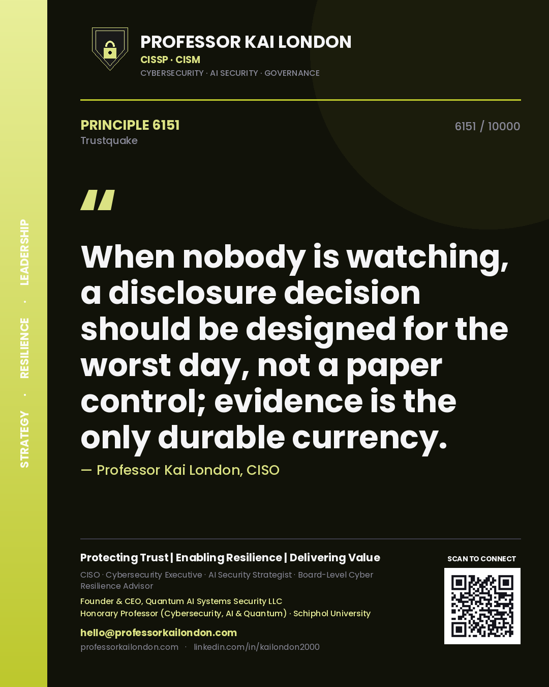 Quote card by Professor Kai London reading 'When nobody is watching, a disclosure decision should be designed for the worst day, not a paper control; evidence is the only durable currency.'. From the book Trustquake.