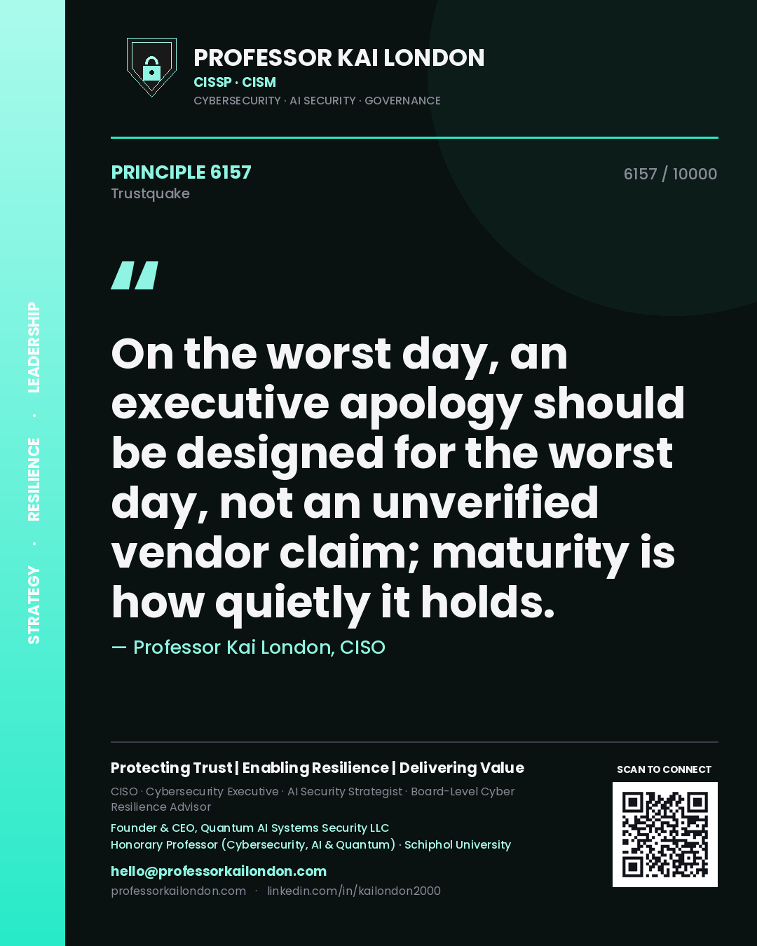 Quote card by Professor Kai London reading 'On the worst day, an executive apology should be designed for the worst day, not an unverified vendor claim; maturity is how quietly it holds.'. From the book Trustquake.