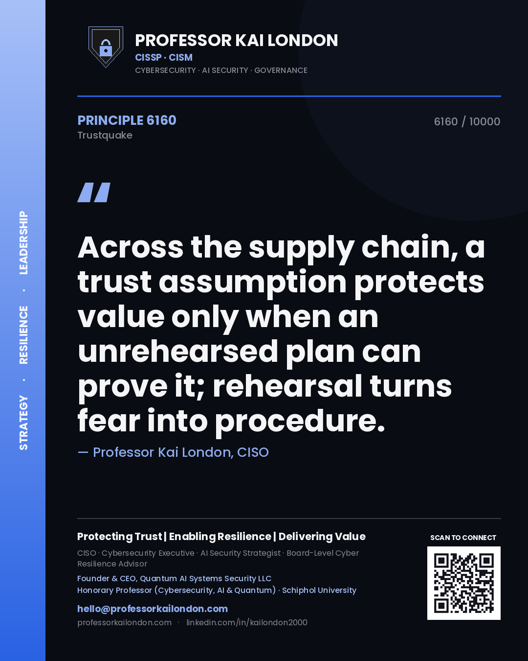Quote card by Professor Kai London reading 'Across the supply chain, a trust assumption protects value only when an unrehearsed plan can prove it; rehearsal turns fear into procedure.'. From the book Trustquake.