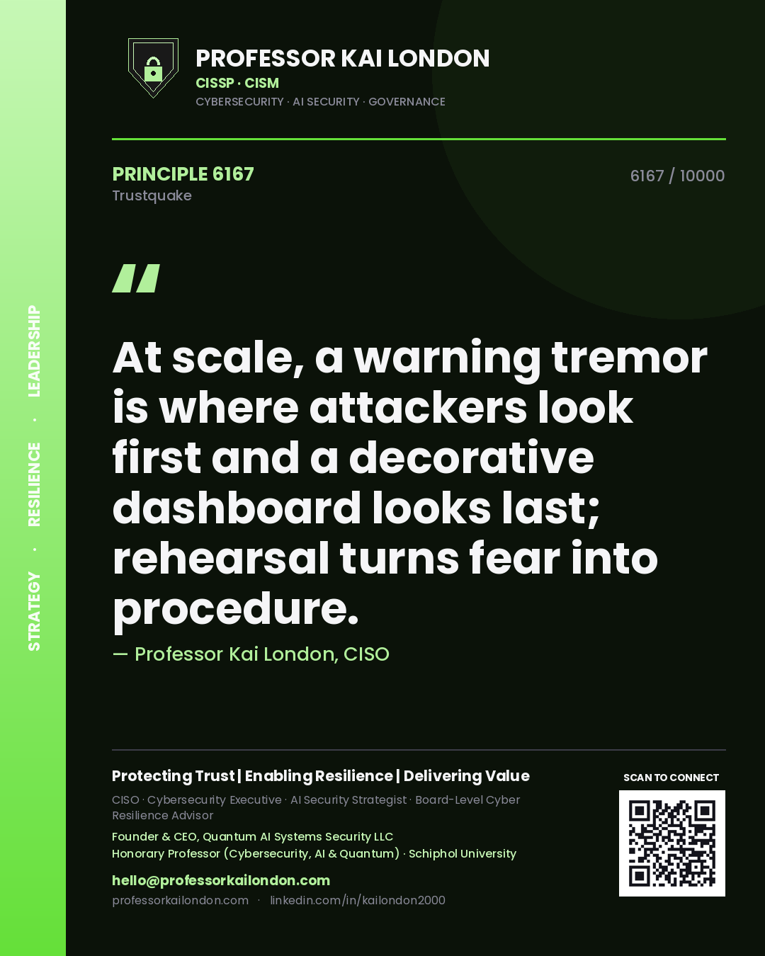 Professor Kai London principle 6167: At scale, a warning tremor is where attackers look first and a decorative dashboard looks last; rehearsal turns fear into procedure.