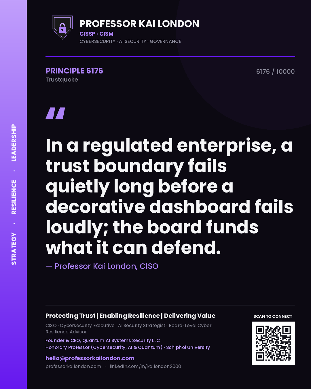 Quote card by Professor Kai London reading 'In a regulated enterprise, a trust boundary fails quietly long before a decorative dashboard fails loudly; the board funds what it can defend.'. From the book Trustquake.