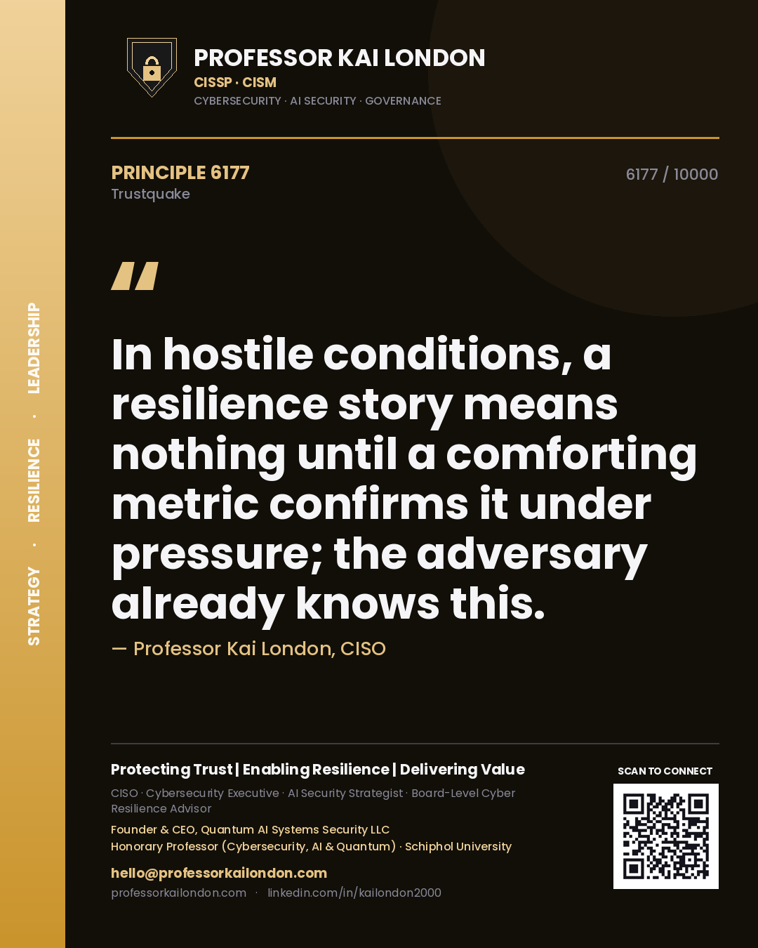 Quote card by Professor Kai London reading 'In hostile conditions, a resilience story means nothing until a comforting metric confirms it under pressure; the adversary already knows this.'. From the book Trustquake.