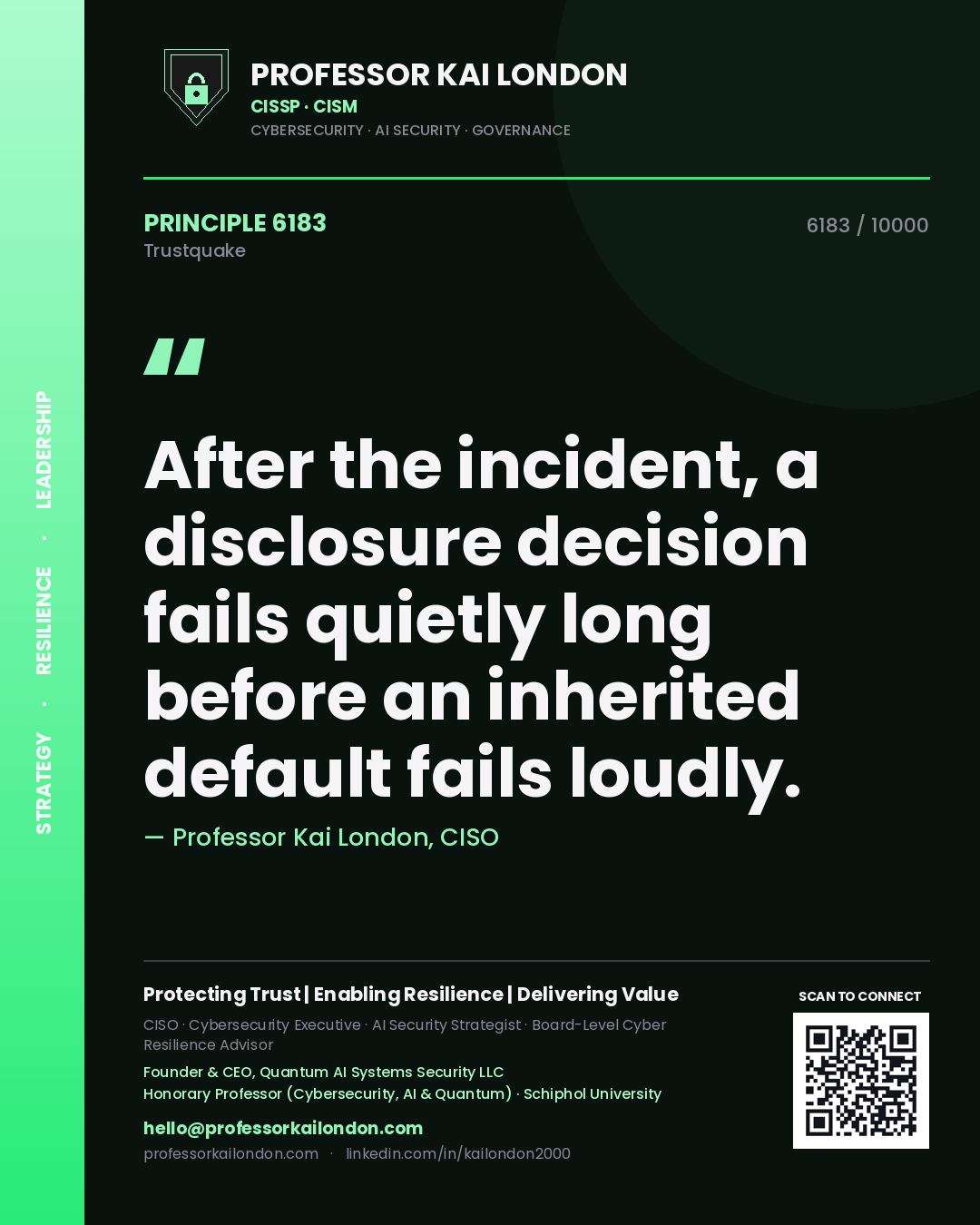 Quote card by Professor Kai London reading 'After the incident, a disclosure decision fails quietly long before an inherited default fails loudly.'. From the book Trustquake.