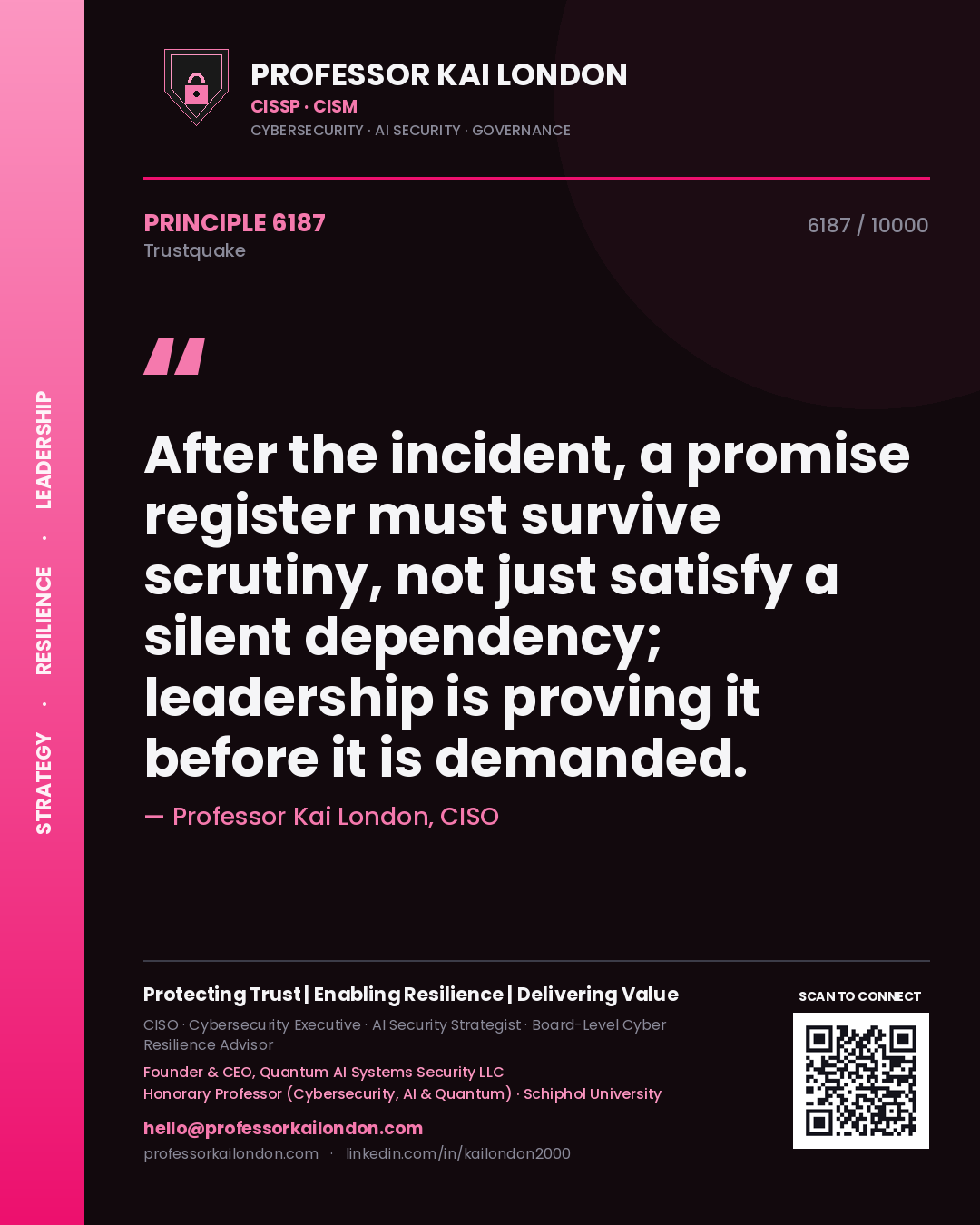Professor Kai London principle 6187: After the incident, a promise register must survive scrutiny, not just satisfy a silent dependency; leadership is proving it before it is demanded.