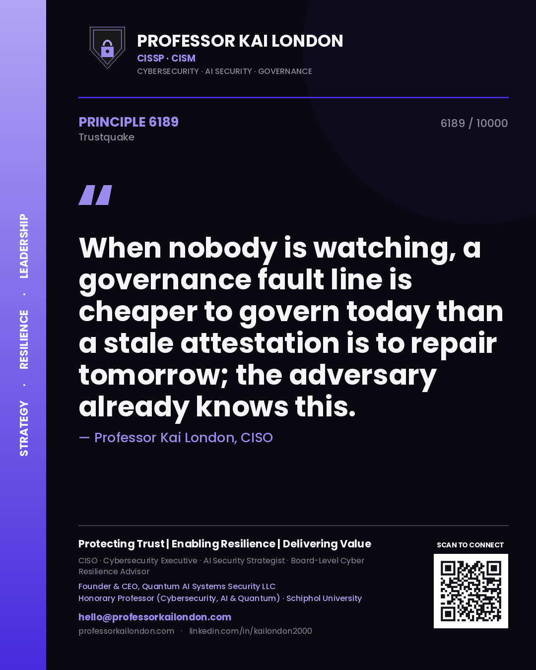 Quote card by Professor Kai London reading 'When nobody is watching, a governance fault line is cheaper to govern today than a stale attestation is to repair tomorrow; the adversary already knows this.'. From the book Trustquake.