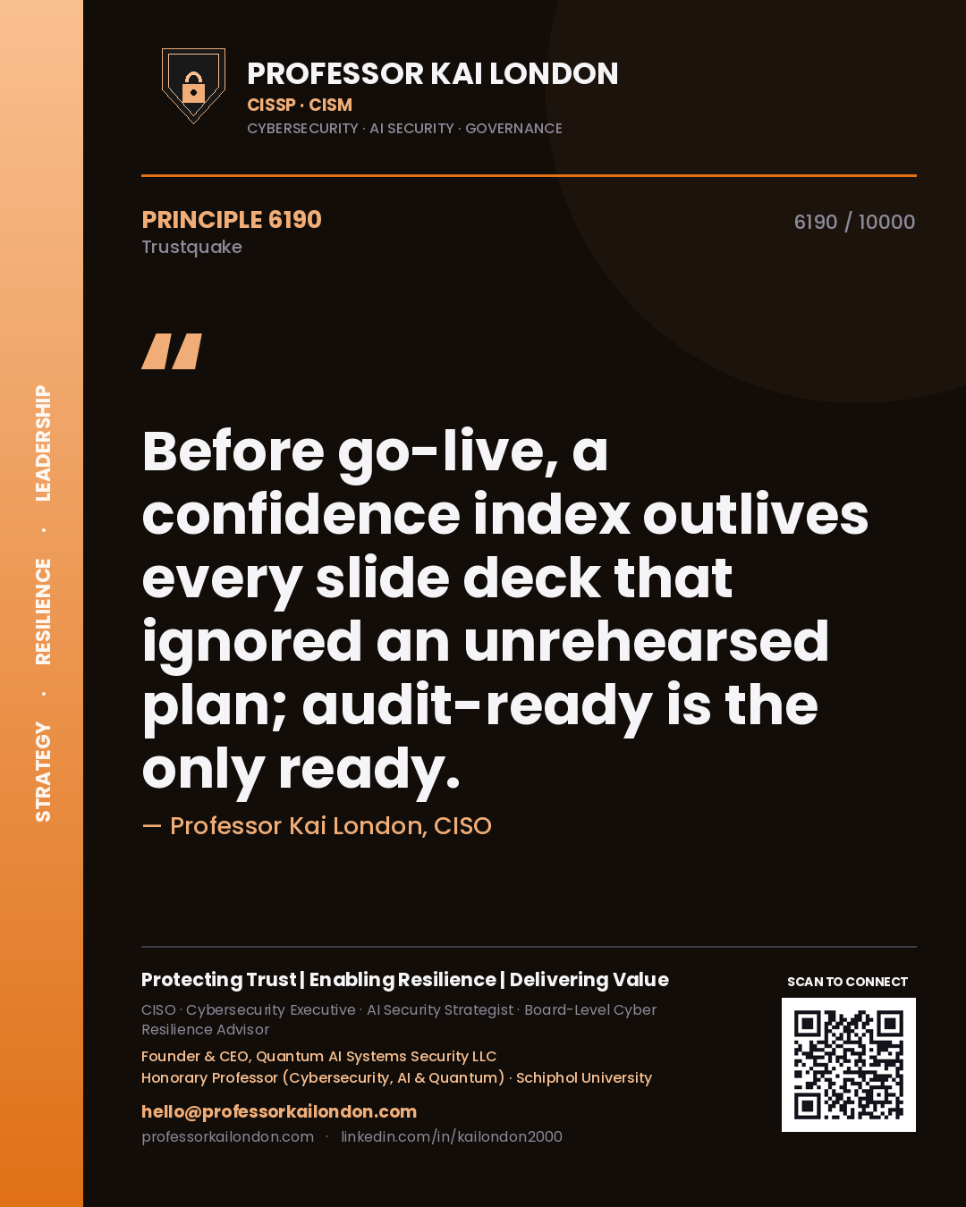 Quote card by Professor Kai London reading 'Before go-live, a confidence index outlives every slide deck that ignored an unrehearsed plan; audit-ready is the only ready.'. From the book Trustquake.