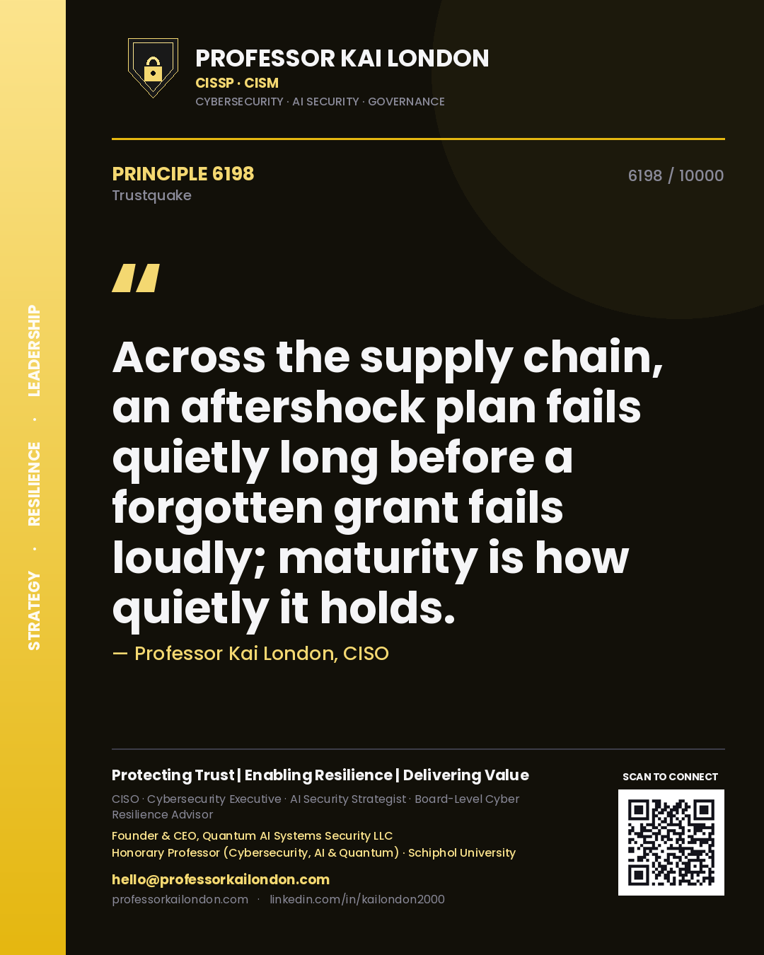 Professor Kai London principle 6198: Across the supply chain, an aftershock plan fails quietly long before a forgotten grant fails loudly; maturity is how quietly it holds.