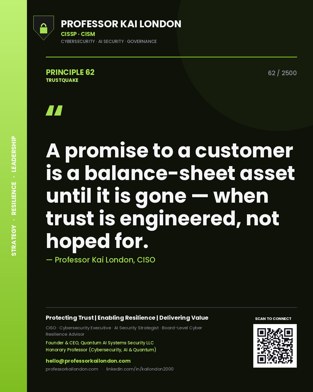 Quote card by Professor Kai London reading 'A promise to a customer is a balance-sheet asset until it is gone — when trust is engineered, not hoped for.'. From the book Trustquake.