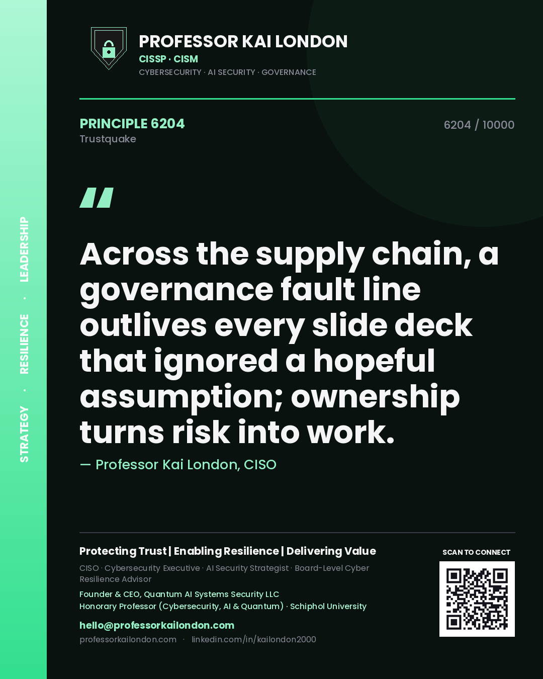 Quote card by Professor Kai London reading 'Across the supply chain, a governance fault line outlives every slide deck that ignored a hopeful assumption; ownership turns risk into work.'. From the book Trustquake.