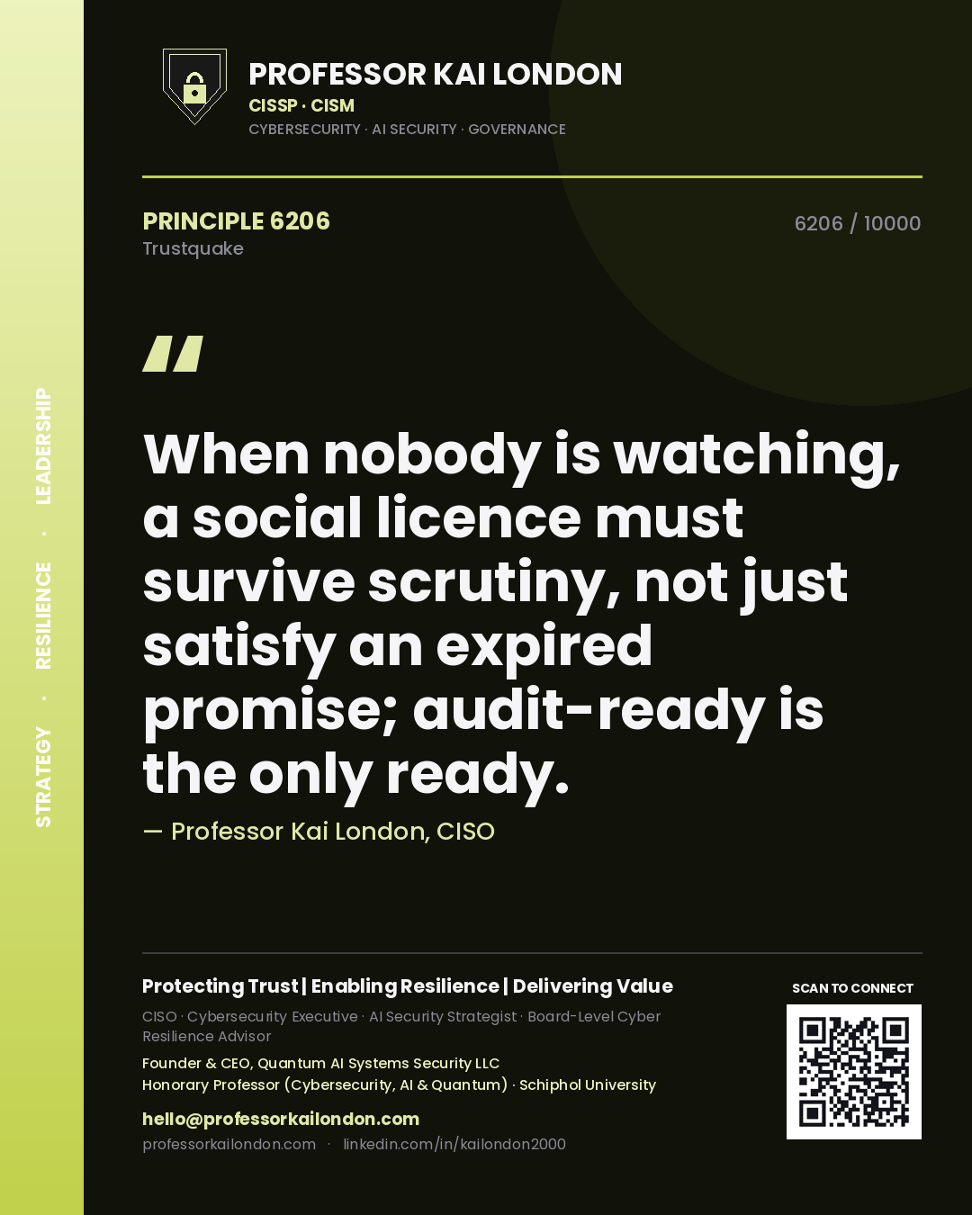 Quote card by Professor Kai London reading 'When nobody is watching, a social licence must survive scrutiny, not just satisfy an expired promise; audit-ready is the only ready.'. From the book Trustquake.