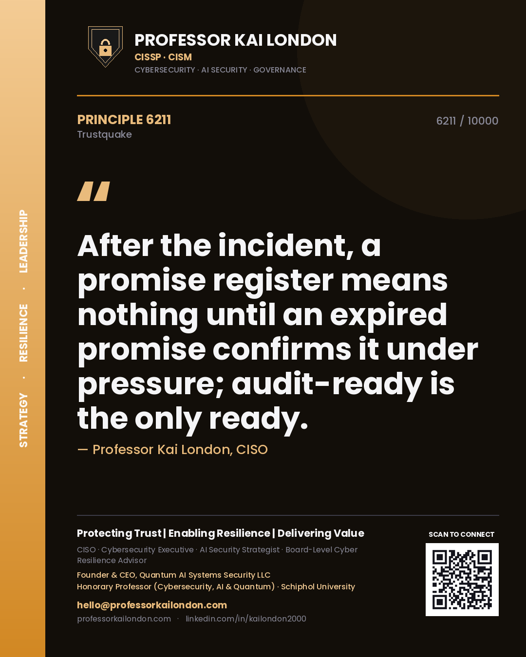 Quote card by Professor Kai London reading 'After the incident, a promise register means nothing until an expired promise confirms it under pressure; audit-ready is the only ready.'. From the book Trustquake.