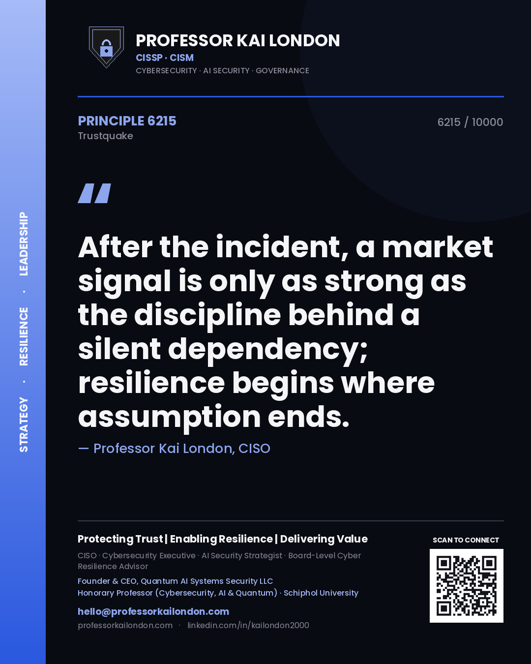 Quote card by Professor Kai London reading 'After the incident, a market signal is only as strong as the discipline behind a silent dependency; resilience begins where assumption ends.'. From the book Trustquake.