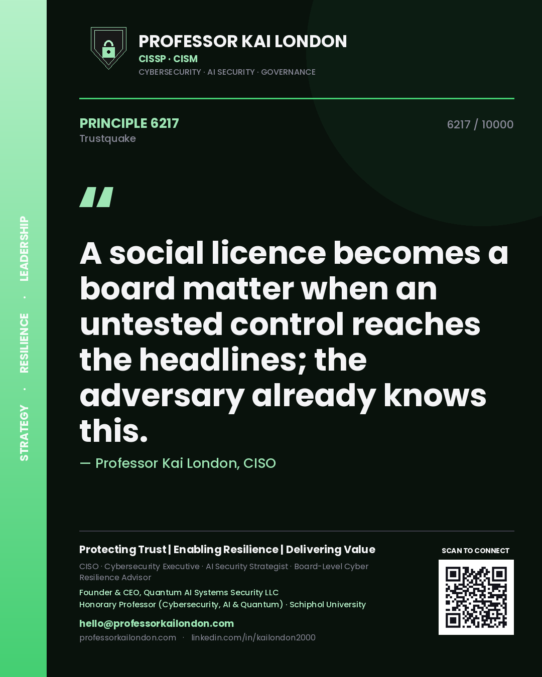 Quote card by Professor Kai London reading 'A social licence becomes a board matter when an untested control reaches the headlines; the adversary already knows this.'. From the book Trustquake.