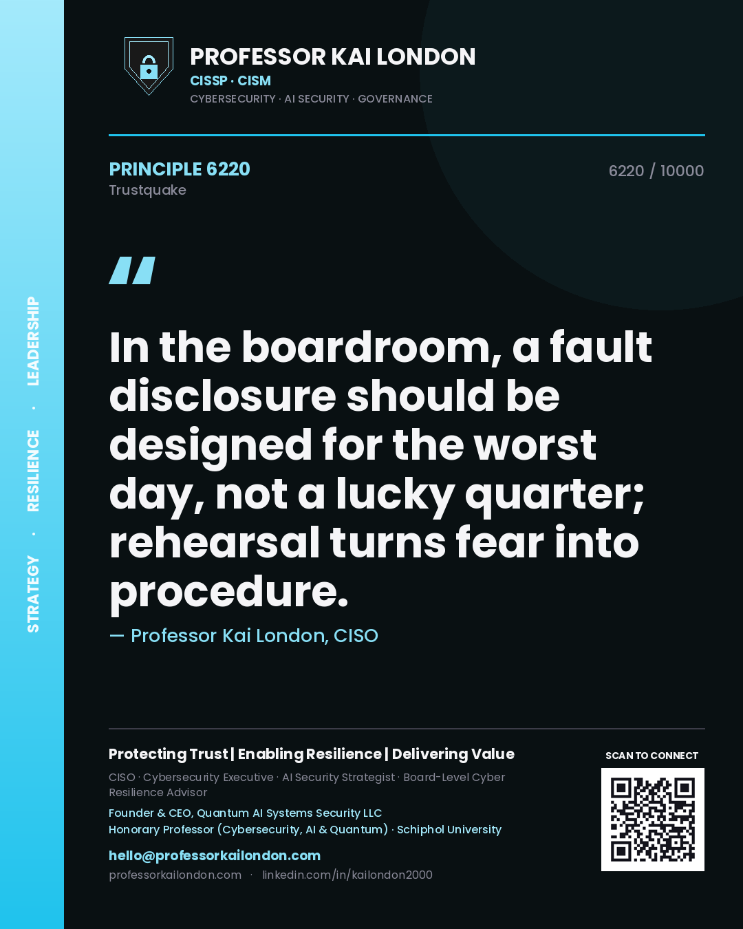 Quote card by Professor Kai London reading 'In the boardroom, a fault disclosure should be designed for the worst day, not a lucky quarter; rehearsal turns fear into procedure.'. From the book Trustquake.