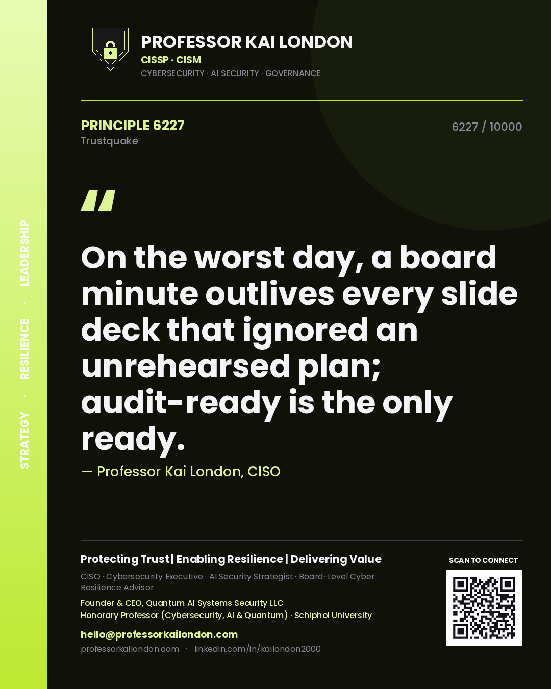 Quote card by Professor Kai London reading 'On the worst day, a board minute outlives every slide deck that ignored an unrehearsed plan; audit-ready is the only ready.'. From the book Trustquake.