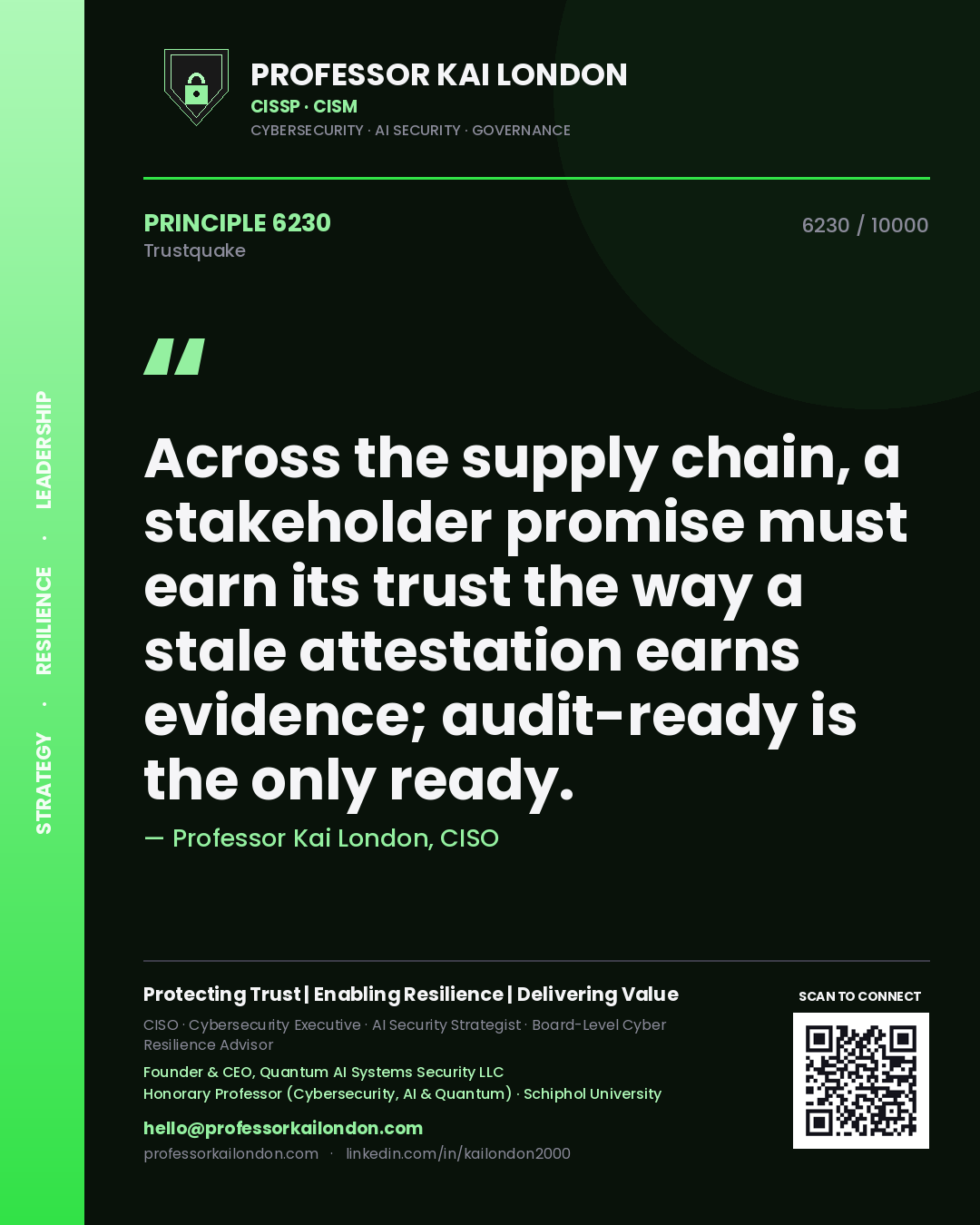 Quote card by Professor Kai London reading 'Across the supply chain, a stakeholder promise must earn its trust the way a stale attestation earns evidence; audit-ready is the only ready.'. From the book Trustquake.