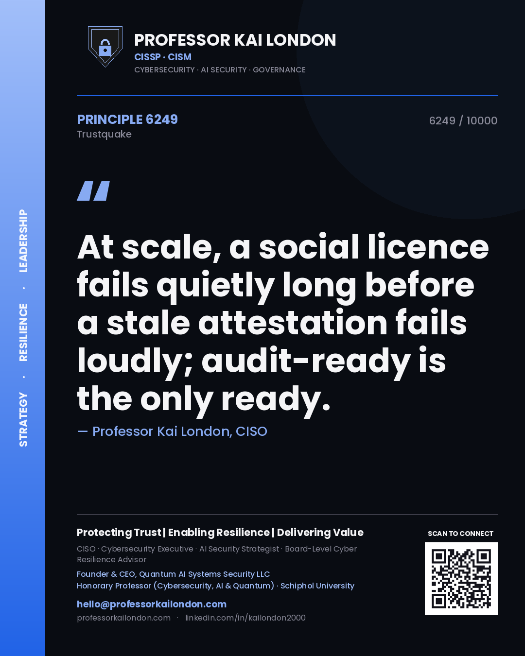Quote card by Professor Kai London reading 'At scale, a social licence fails quietly long before a stale attestation fails loudly; audit-ready is the only ready.'. From the book Trustquake.