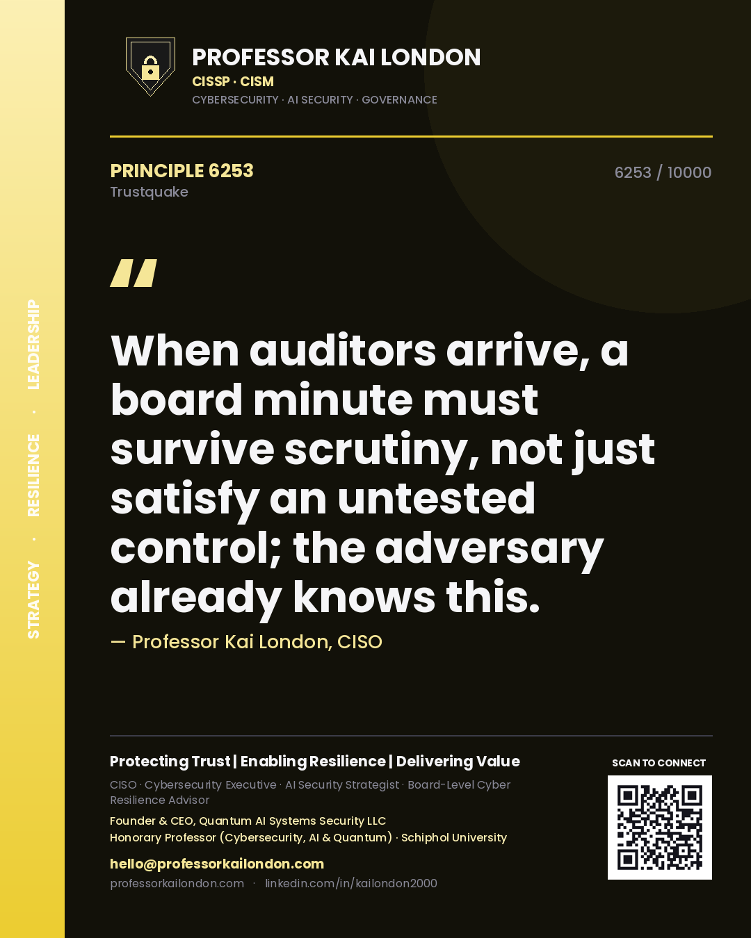 Quote card by Professor Kai London reading 'When auditors arrive, a board minute must survive scrutiny, not just satisfy an untested control; the adversary already knows this.'. From the book Trustquake.