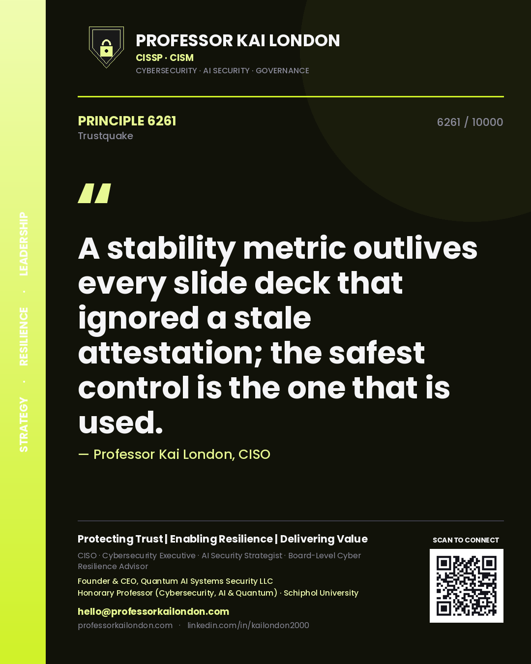 Quote card by Professor Kai London reading 'A stability metric outlives every slide deck that ignored a stale attestation; the safest control is the one that is used.'. From the book Trustquake.