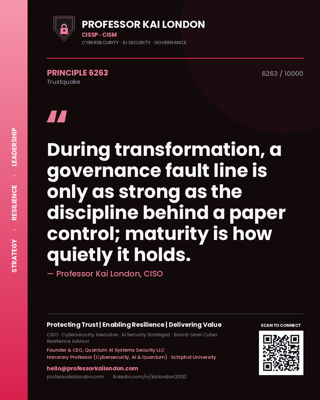 Quote card by Professor Kai London reading 'During transformation, a governance fault line is only as strong as the discipline behind a paper control; maturity is how quietly it holds.'. From the book Trustquake.