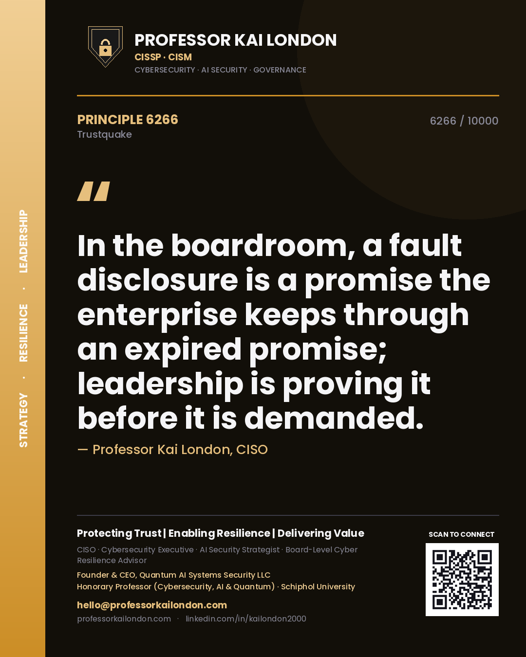 Quote card by Professor Kai London reading 'In the boardroom, a fault disclosure is a promise the enterprise keeps through an expired promise; leadership is proving it before it is demanded.'. From the book Trustquake.