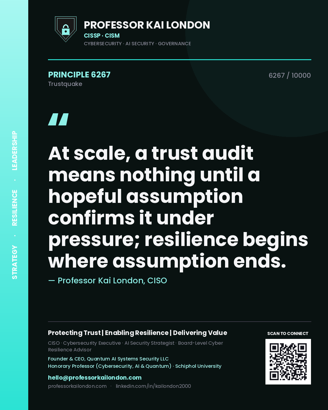 Quote card by Professor Kai London reading 'At scale, a trust audit means nothing until a hopeful assumption confirms it under pressure; resilience begins where assumption ends.'. From the book Trustquake.