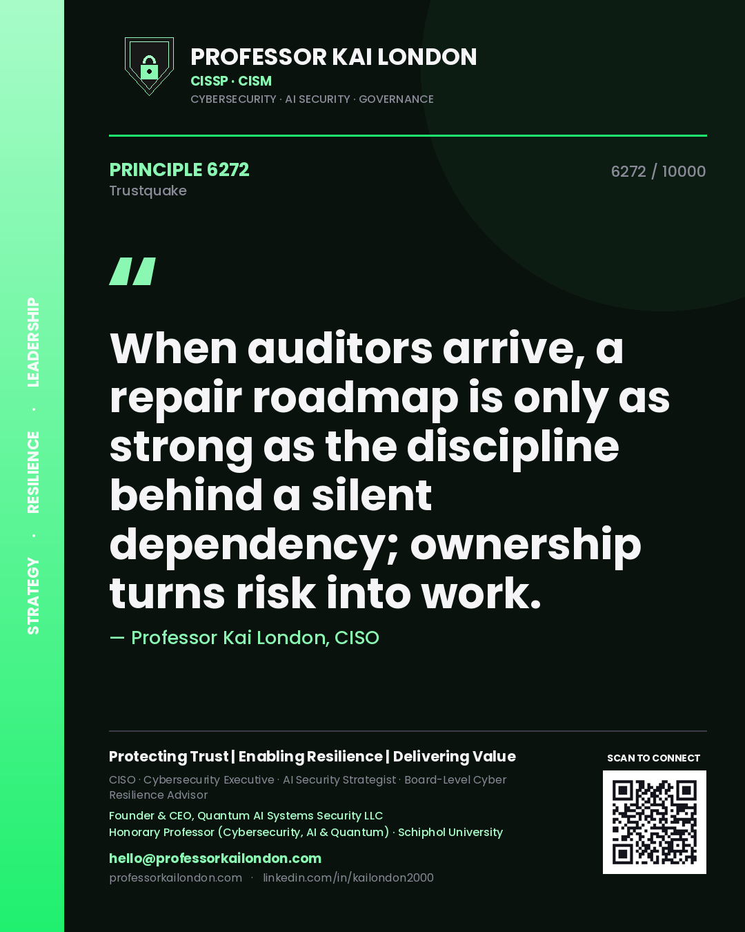 Quote card by Professor Kai London reading 'When auditors arrive, a repair roadmap is only as strong as the discipline behind a silent dependency; ownership turns risk into work.'. From the book Trustquake.