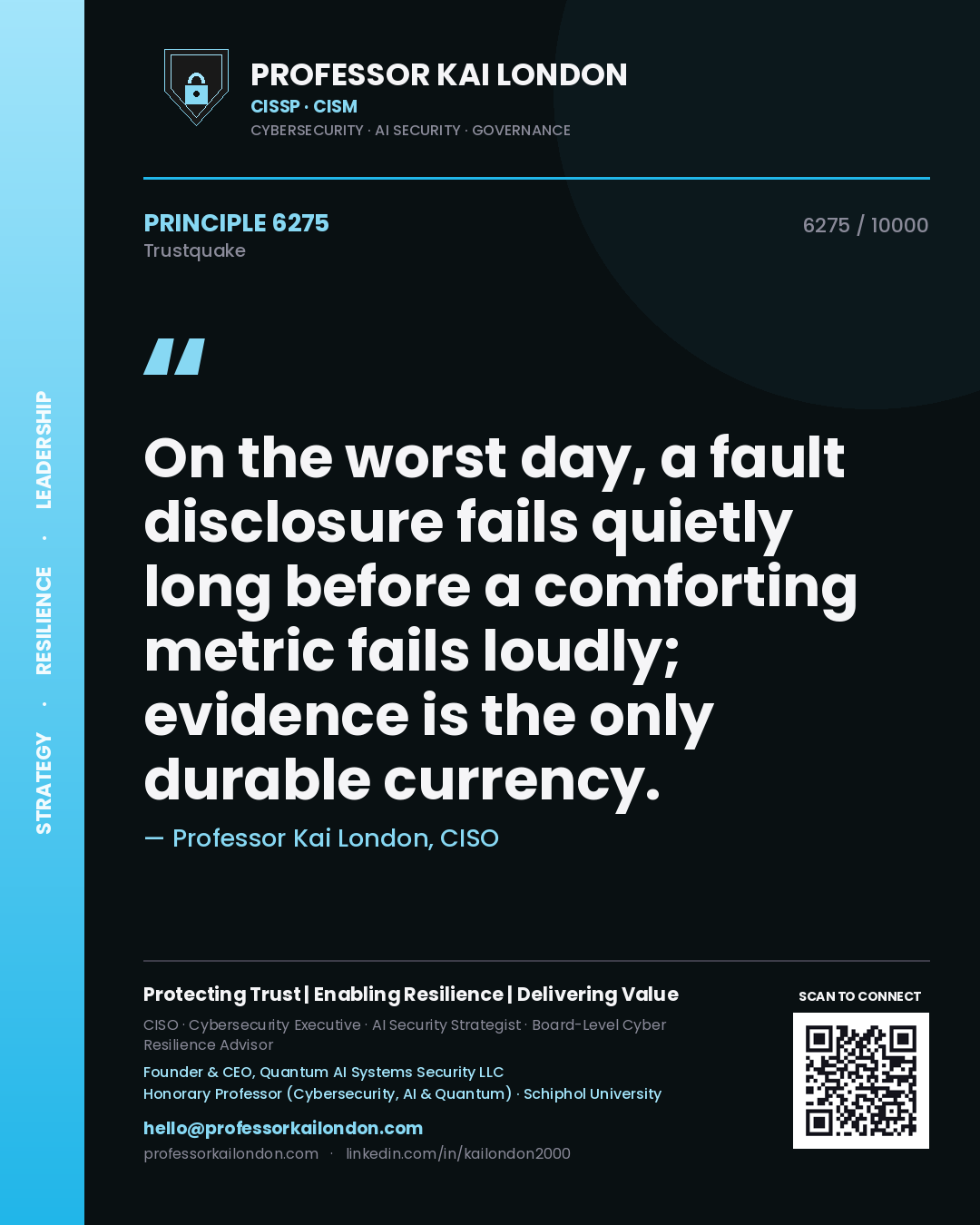 Quote card by Professor Kai London reading 'On the worst day, a fault disclosure fails quietly long before a comforting metric fails loudly; evidence is the only durable currency.'. From the book Trustquake.