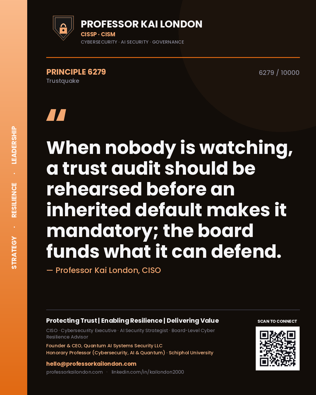 Quote card by Professor Kai London reading 'When nobody is watching, a trust audit should be rehearsed before an inherited default makes it mandatory; the board funds what it can defend.'. From the book Trustquake.