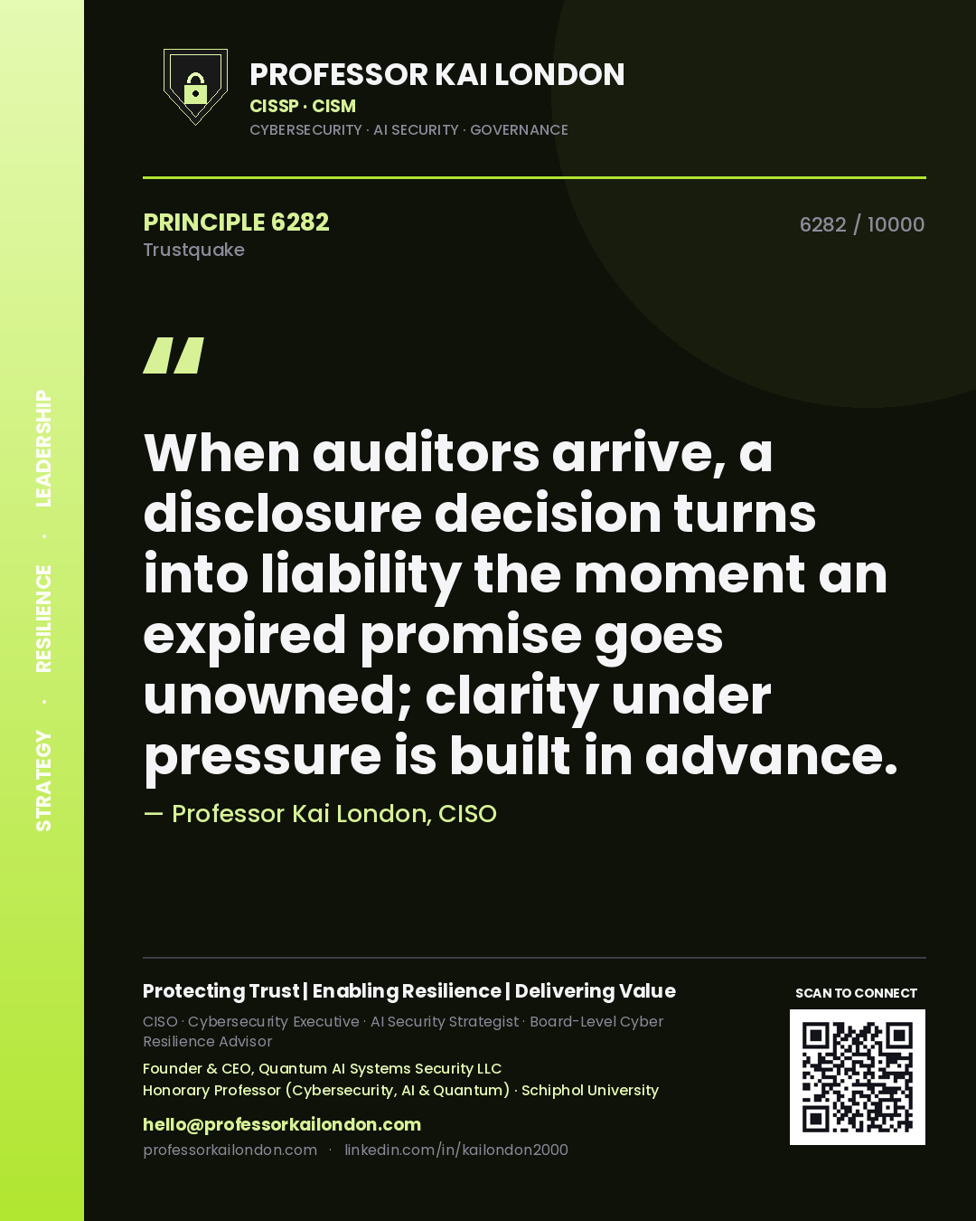 Quote card by Professor Kai London reading 'When auditors arrive, a disclosure decision turns into liability the moment an expired promise goes unowned; clarity under pressure is built in advance.'. From the book Trustquake.