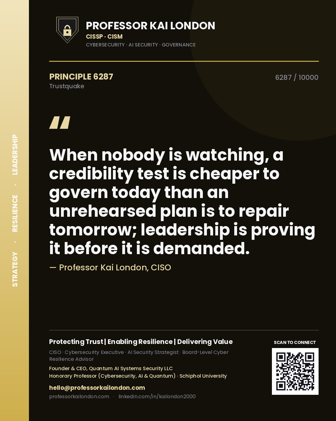 Quote card by Professor Kai London reading 'When nobody is watching, a credibility test is cheaper to govern today than an unrehearsed plan is to repair tomorrow; leadership is proving it before it is demanded.'. From the book Trustquake.