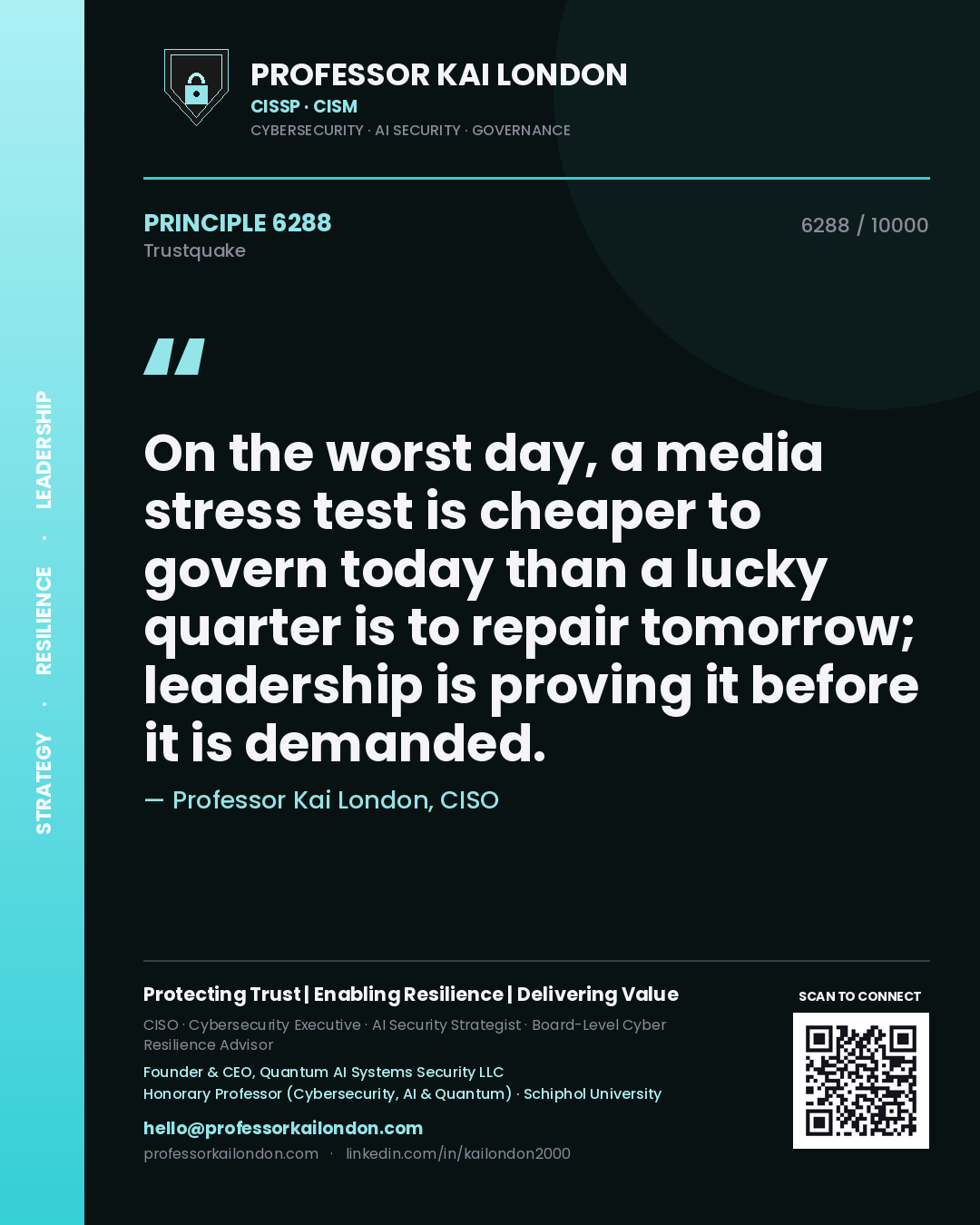 Quote card by Professor Kai London reading 'On the worst day, a media stress test is cheaper to govern today than a lucky quarter is to repair tomorrow; leadership is proving it before it is demanded.'. From the book Trustquake.