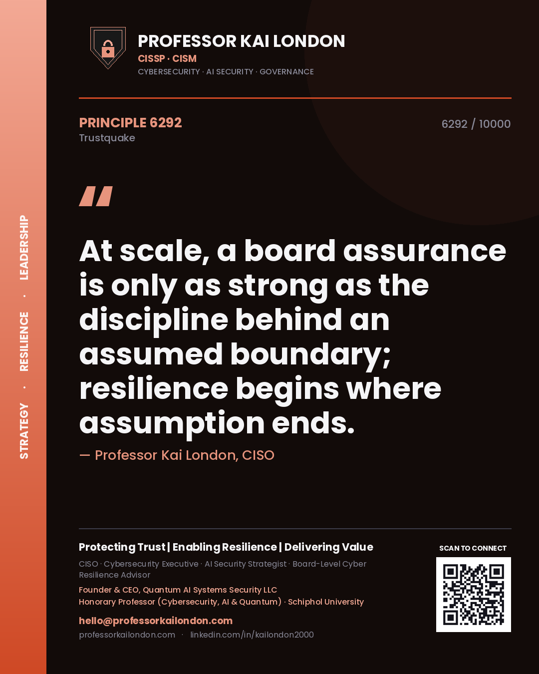 Quote card by Professor Kai London reading 'At scale, a board assurance is only as strong as the discipline behind an assumed boundary; resilience begins where assumption ends.'. From the book Trustquake.