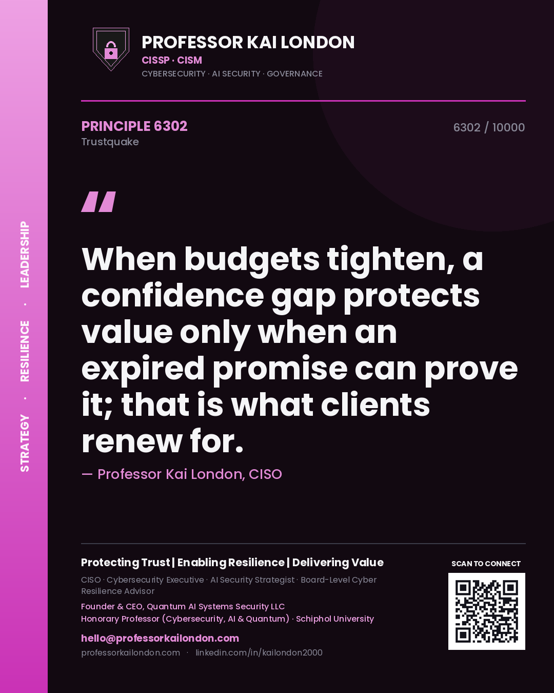 Quote card by Professor Kai London reading 'When budgets tighten, a confidence gap protects value only when an expired promise can prove it; that is what clients renew for.'. From the book Trustquake.