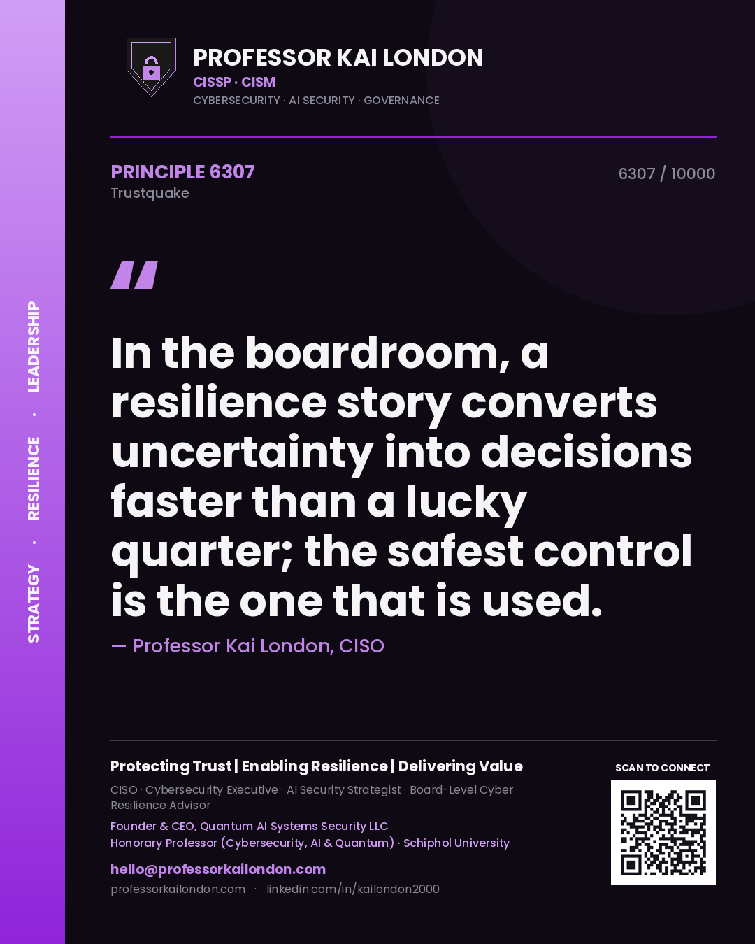 Quote card by Professor Kai London reading 'In the boardroom, a resilience story converts uncertainty into decisions faster than a lucky quarter; the safest control is the one that is used.'. From the book Trustquake.
