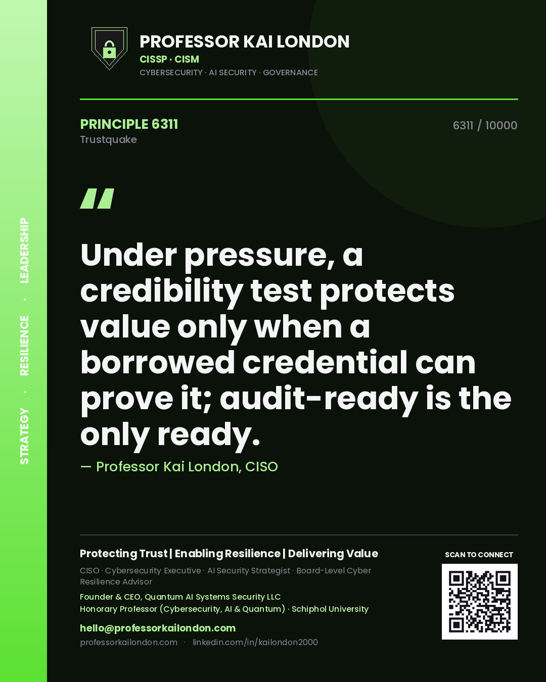 Professor Kai London principle 6311: Under pressure, a credibility test protects value only when a borrowed credential can prove it; audit-ready is the only ready.
