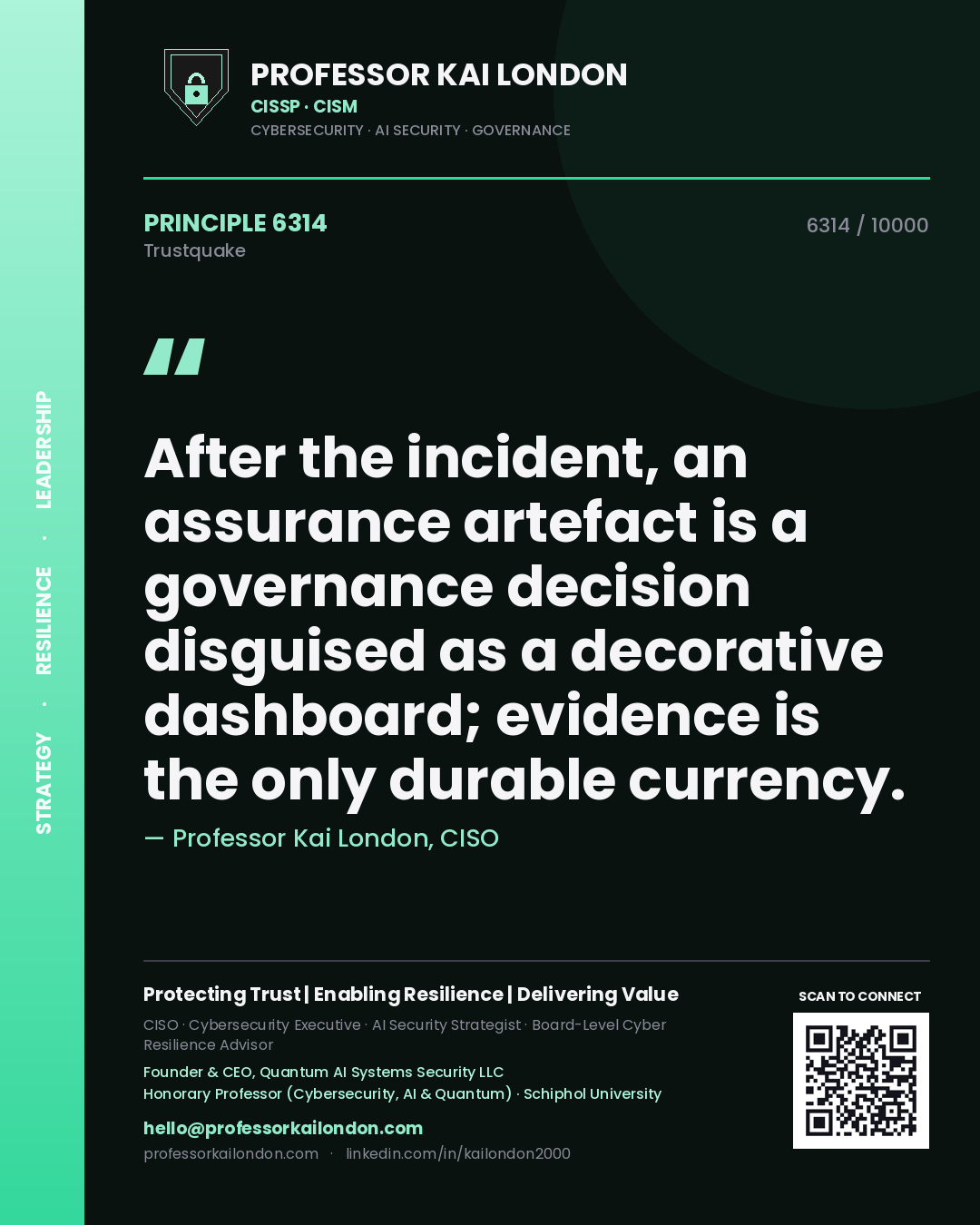 Professor Kai London principle 6314: After the incident, an assurance artefact is a governance decision disguised as a decorative dashboard; evidence is the only durable currency.