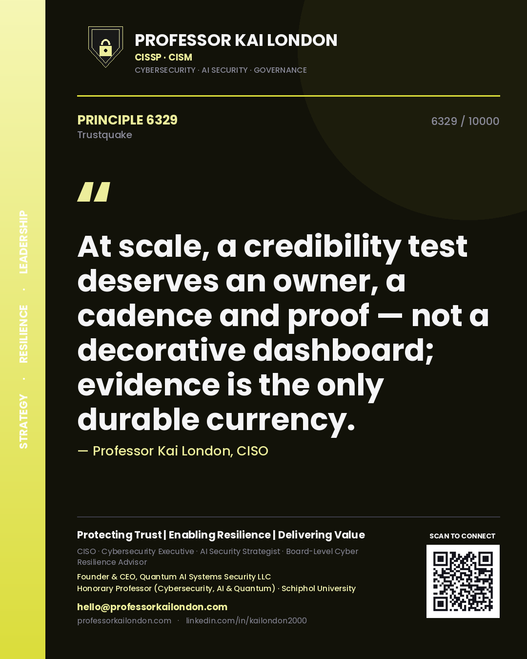 Professor Kai London principle 6329: At scale, a credibility test deserves an owner, a cadence and proof — not a decorative dashboard; evidence is the only durable currency.