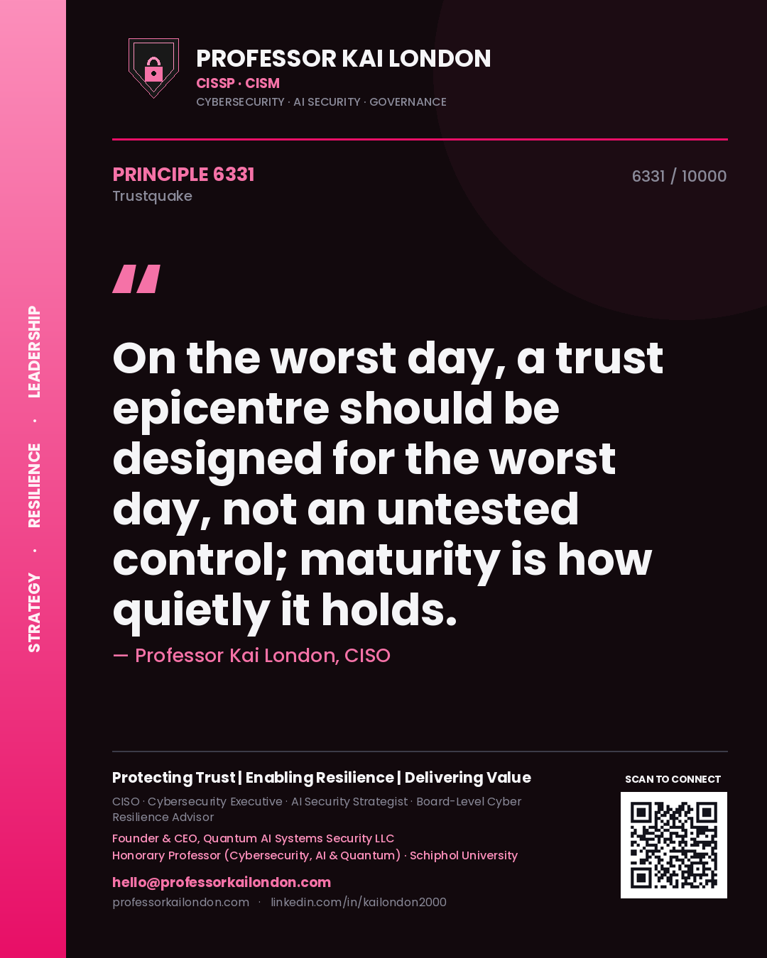 Quote card by Professor Kai London reading 'On the worst day, a trust epicentre should be designed for the worst day, not an untested control; maturity is how quietly it holds.'. From the book Trustquake.