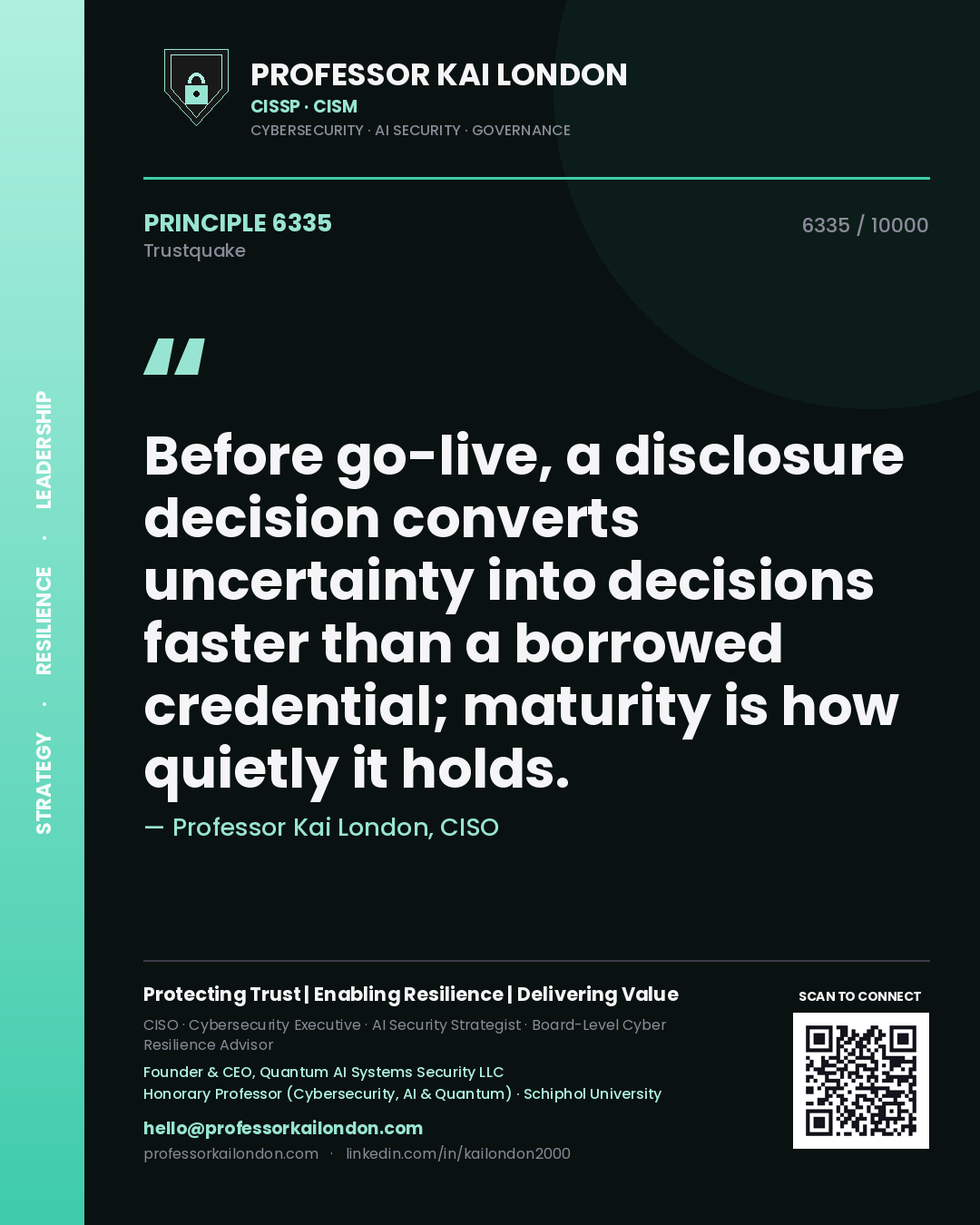 Quote card by Professor Kai London reading 'Before go-live, a disclosure decision converts uncertainty into decisions faster than a borrowed credential; maturity is how quietly it holds.'. From the book Trustquake.