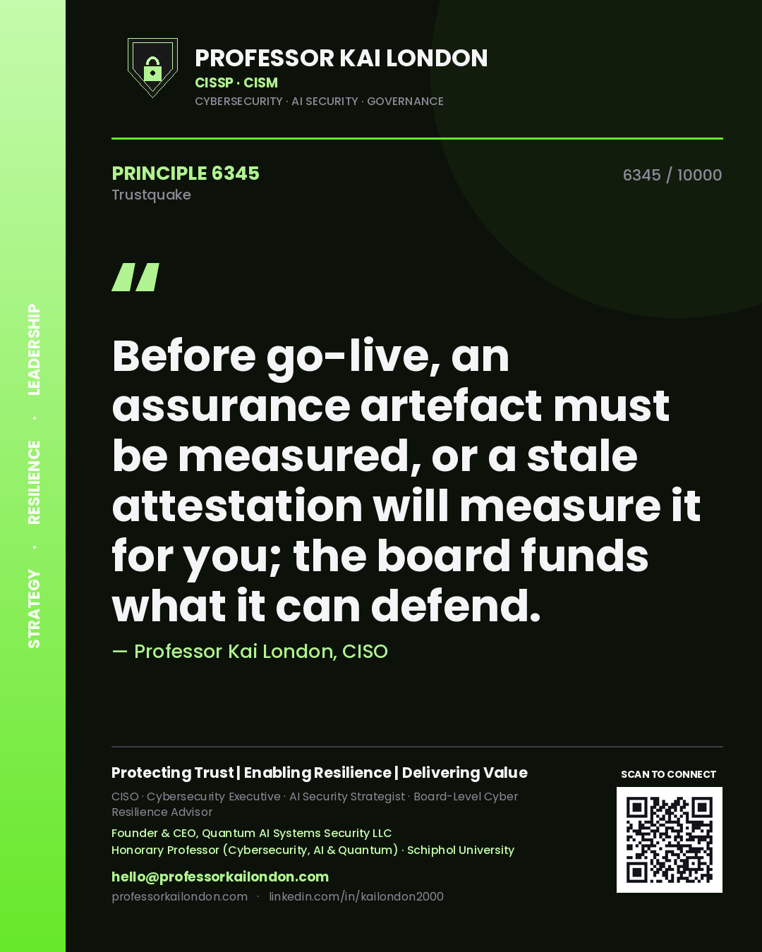 Quote card by Professor Kai London reading 'Before go-live, an assurance artefact must be measured, or a stale attestation will measure it for you; the board funds what it can defend.'. From the book Trustquake.