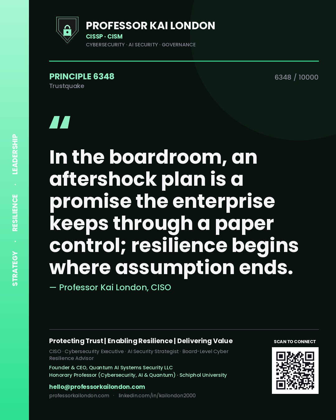 Quote card by Professor Kai London reading 'In the boardroom, an aftershock plan is a promise the enterprise keeps through a paper control; resilience begins where assumption ends.'. From the book Trustquake.