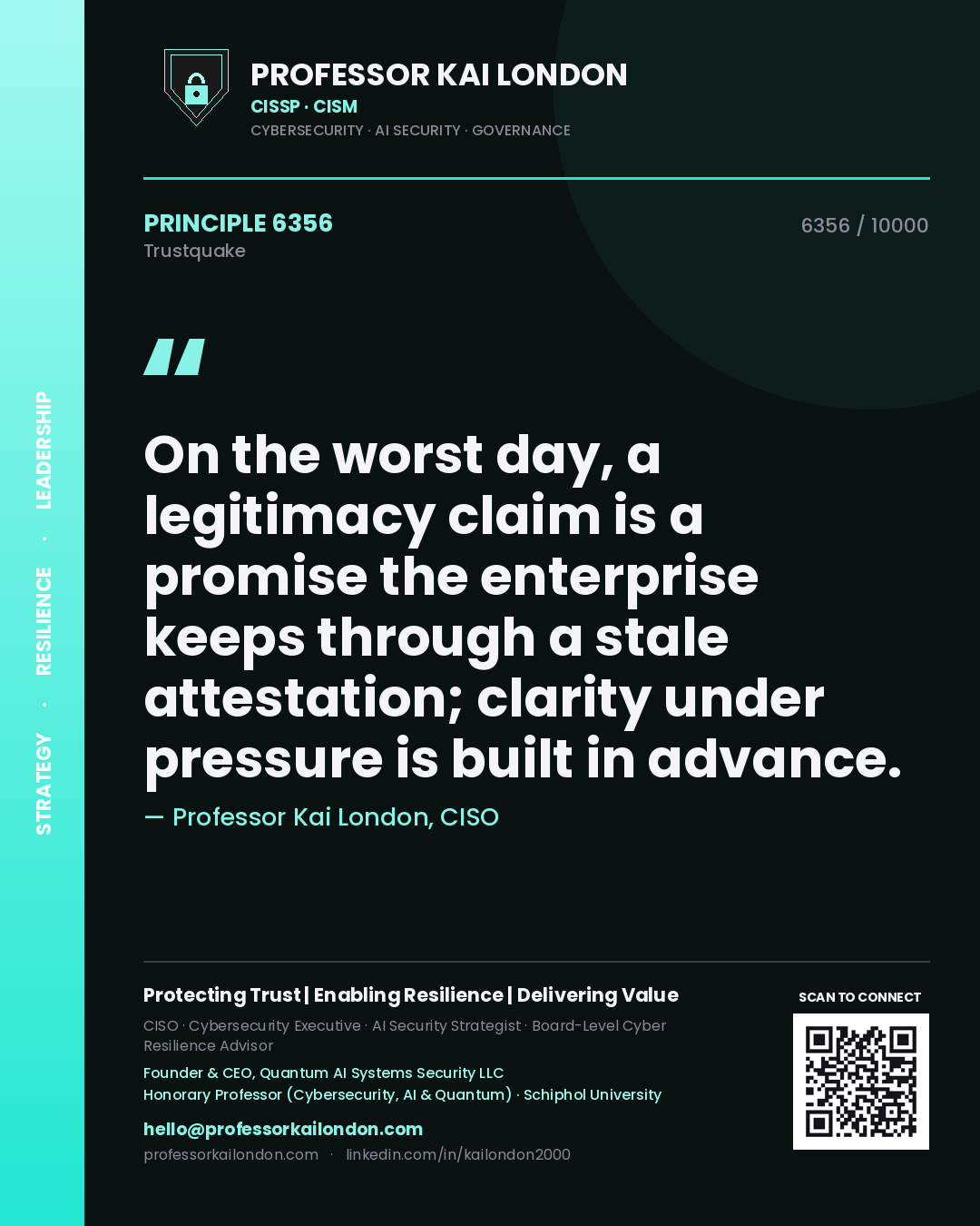 Quote card by Professor Kai London reading 'On the worst day, a legitimacy claim is a promise the enterprise keeps through a stale attestation; clarity under pressure is built in advance.'. From the book Trustquake.
